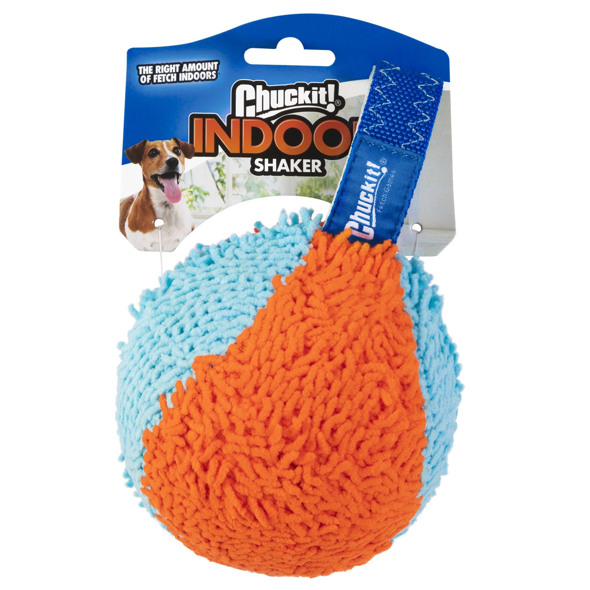 Chuckit! Indoor Fetch Shaker couleur orange et bleu, attractif pour jeux intérieurs.