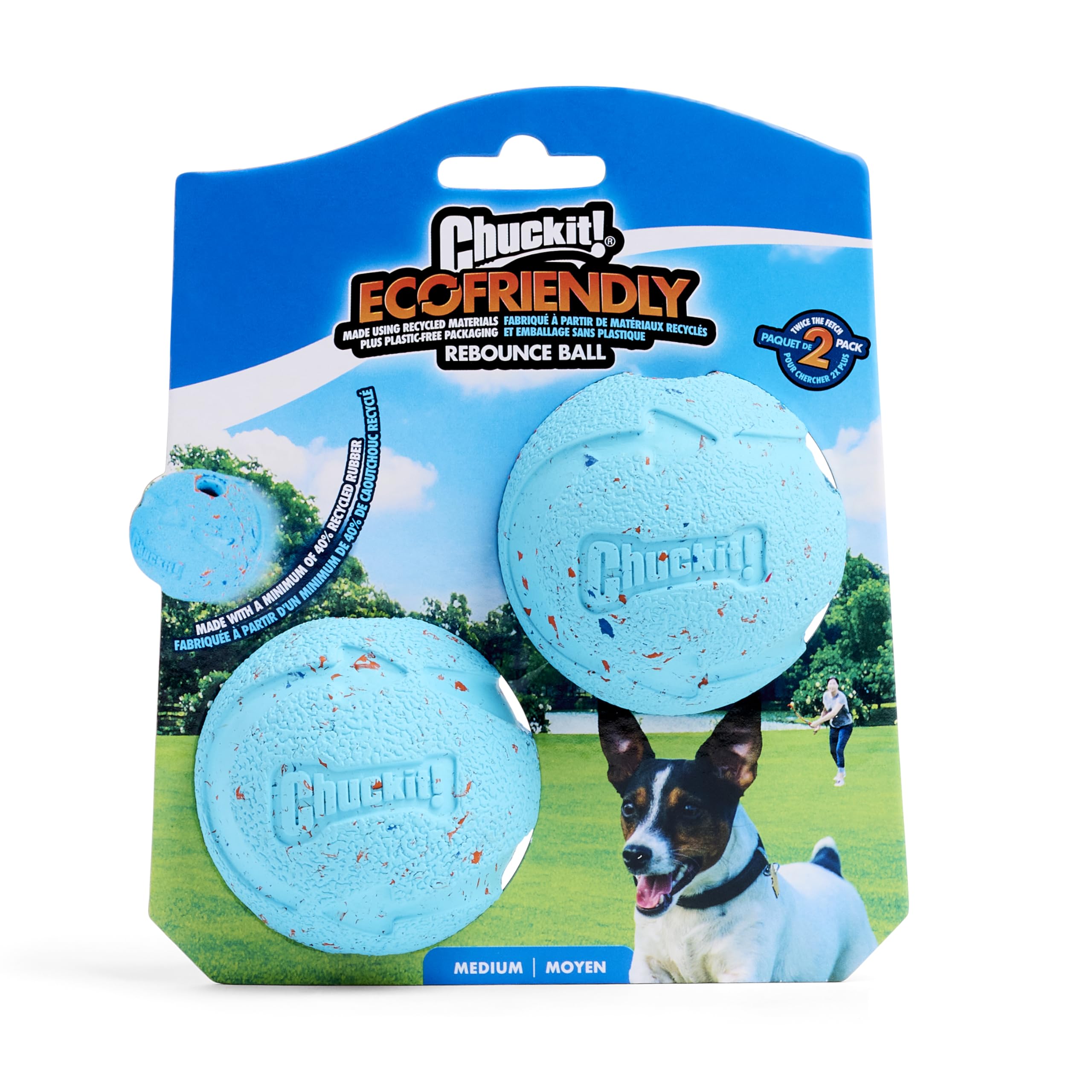 Balle bleu vif de Chuckit Rebounce Ball pour repérage rapide.