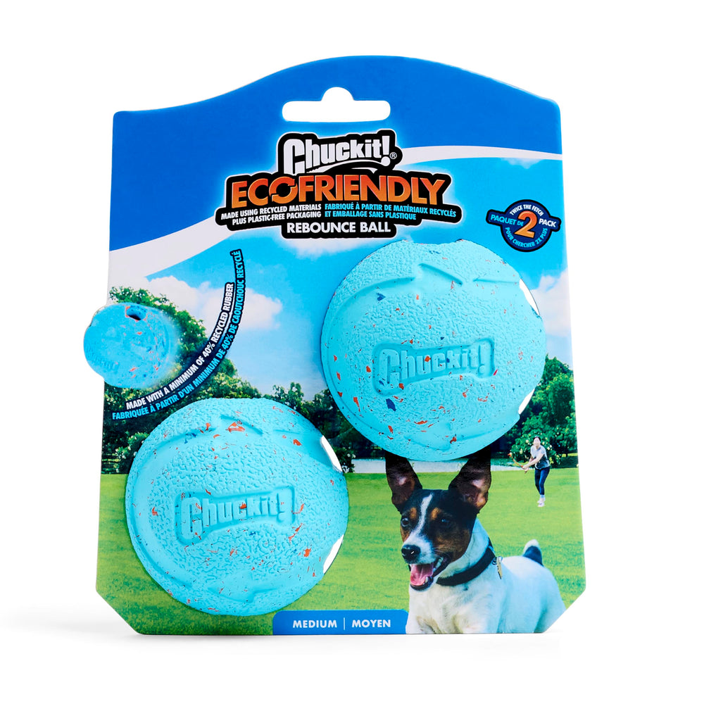 Balle bleu vif de Chuckit Rebounce Ball pour repérage rapide.
