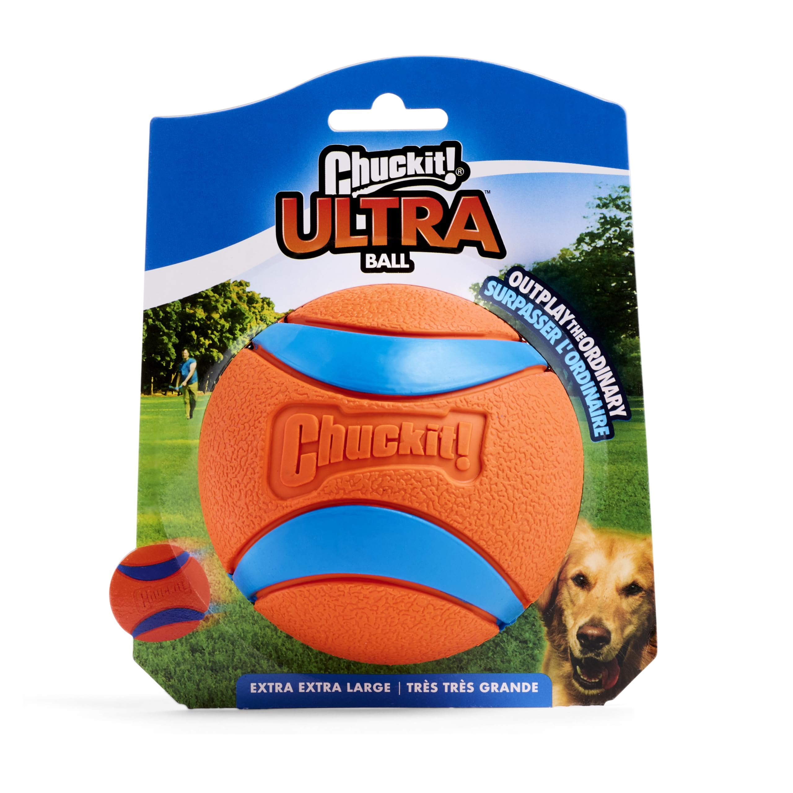 Chuckit Ultra Ball XXL, couleur vive et taille adaptée pour chiens lourds.