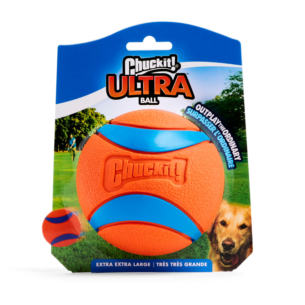 Chuckit Ultra Ball XXL, couleur vive et taille adaptée pour chiens lourds.