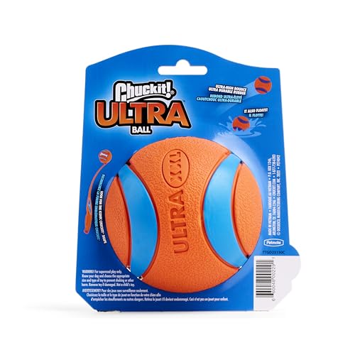 Chuckit Ultra Ball XXL, utilisation sous supervision pour éviter l’ingestion partielle.