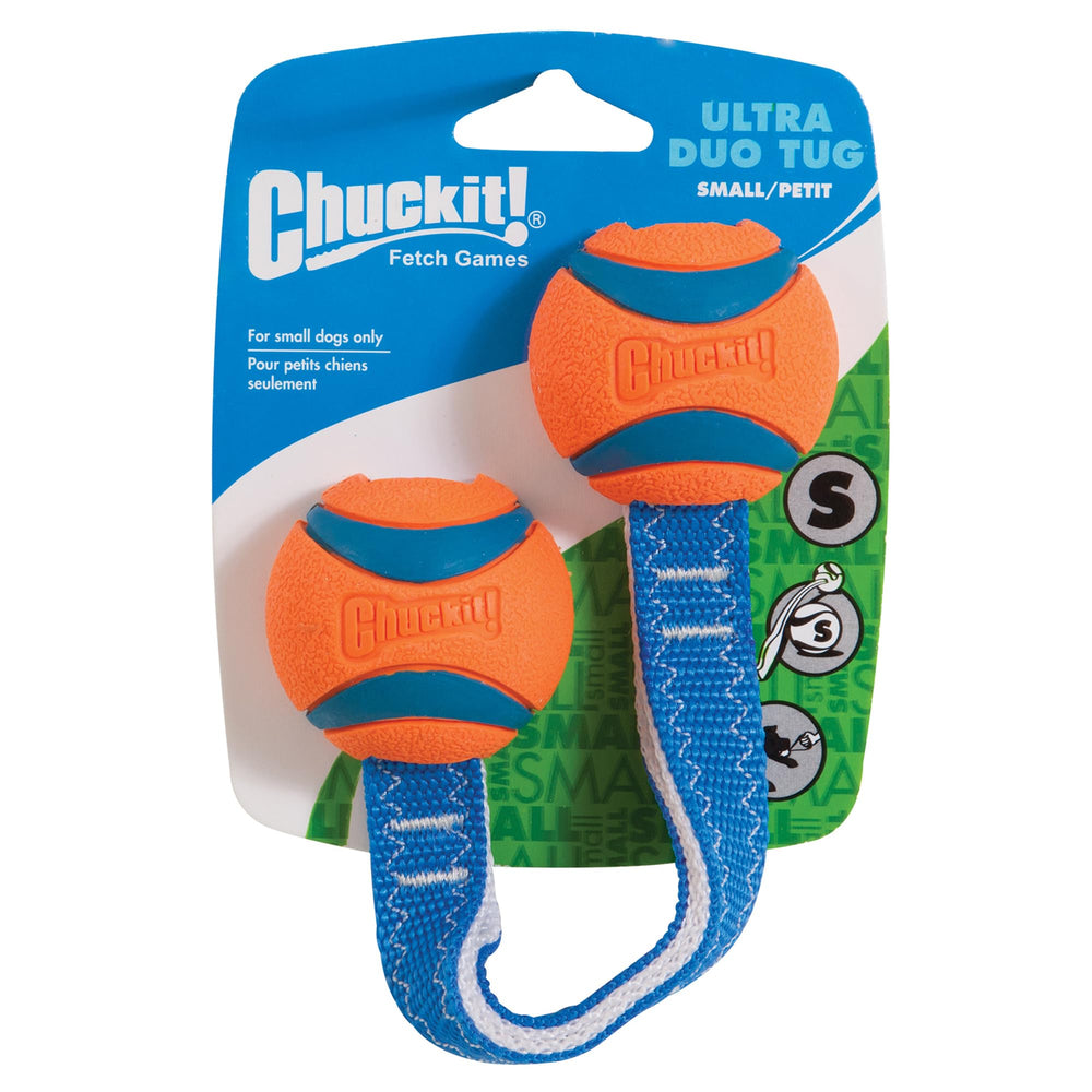 Chuckit! Ultra Duo Tug balle 2 pouces bleu-orange visible en extérieur.