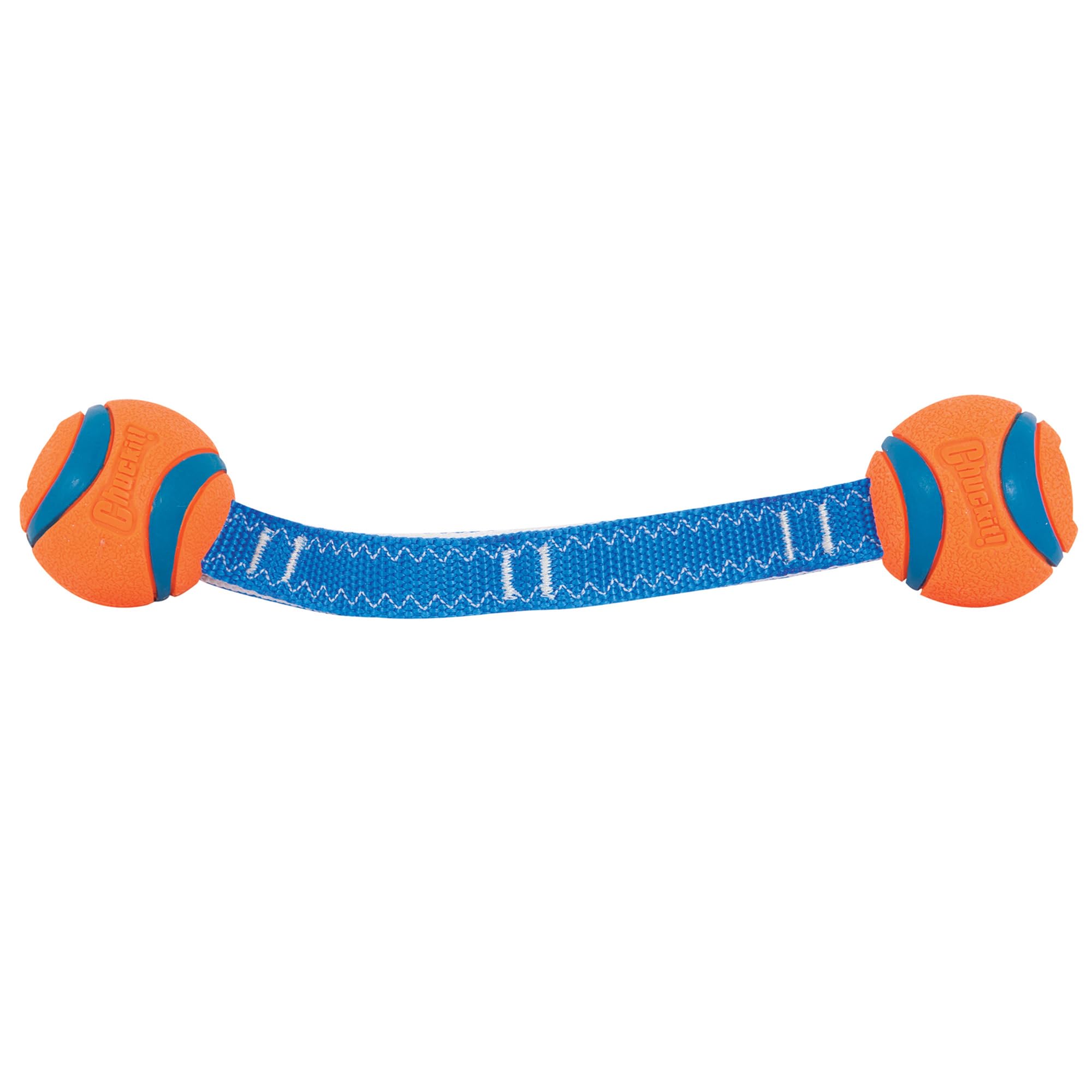 Chuckit! Ultra Duo Tug balle bleu et orange, facile à voir dans l'herbe.