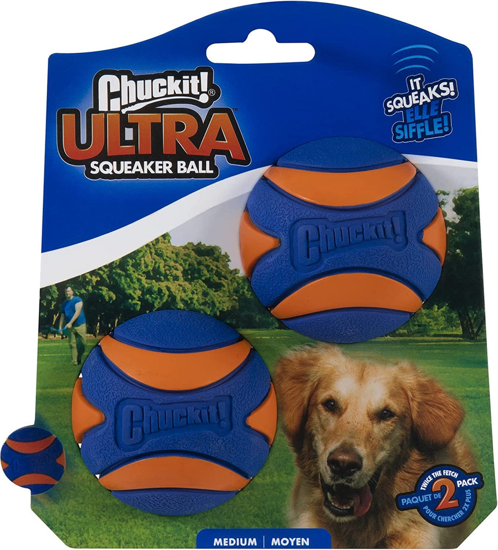 Chuckit! Ultra Squeaker Ball avec sifflement ludique qui motive les lancers.