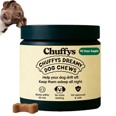 Chuffys Dreamy Pup Chews – bouteille: calme naturel pour chien et repos paisible.