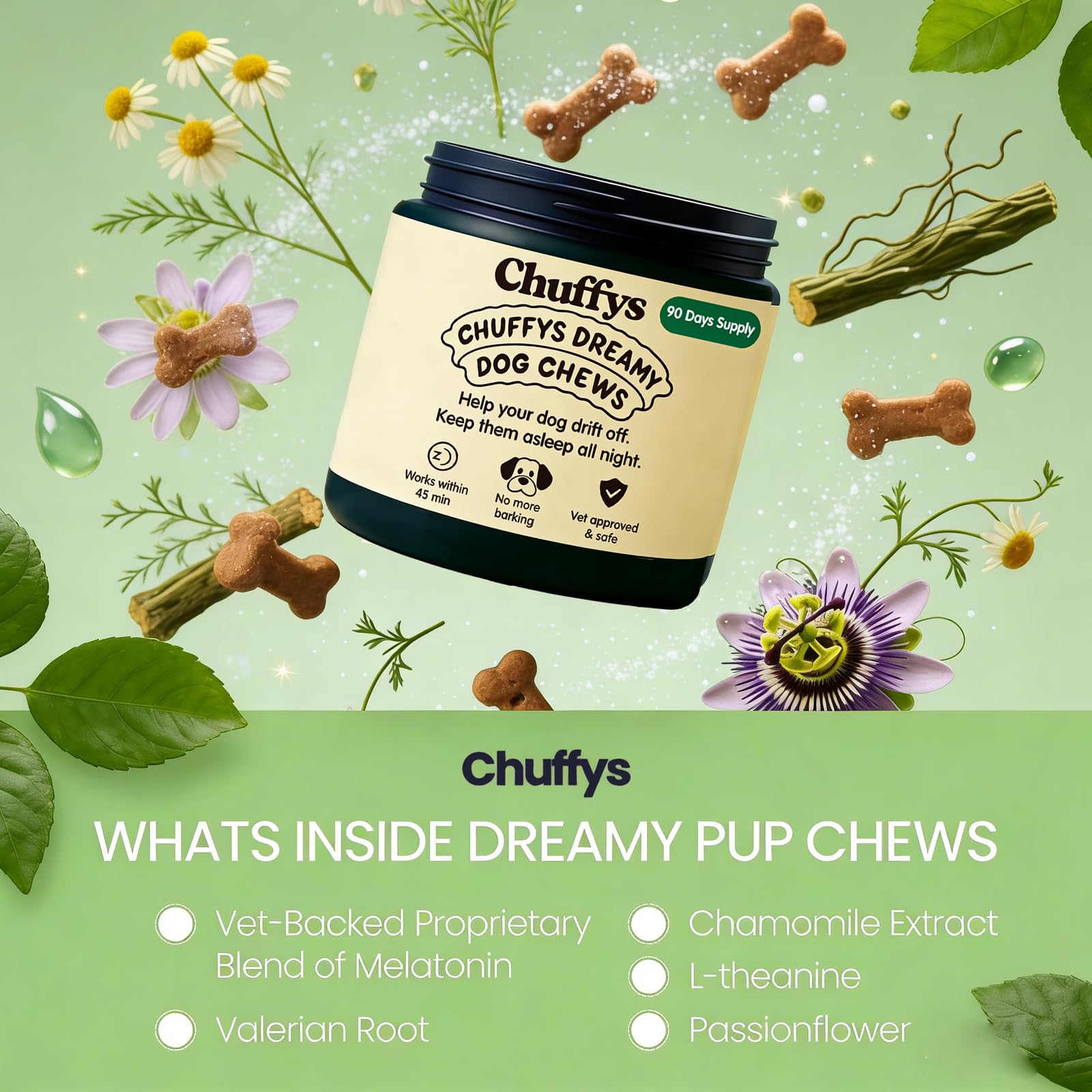 Emballage pratique pour la routine nocturne du chien Dreamy Pup Chews.