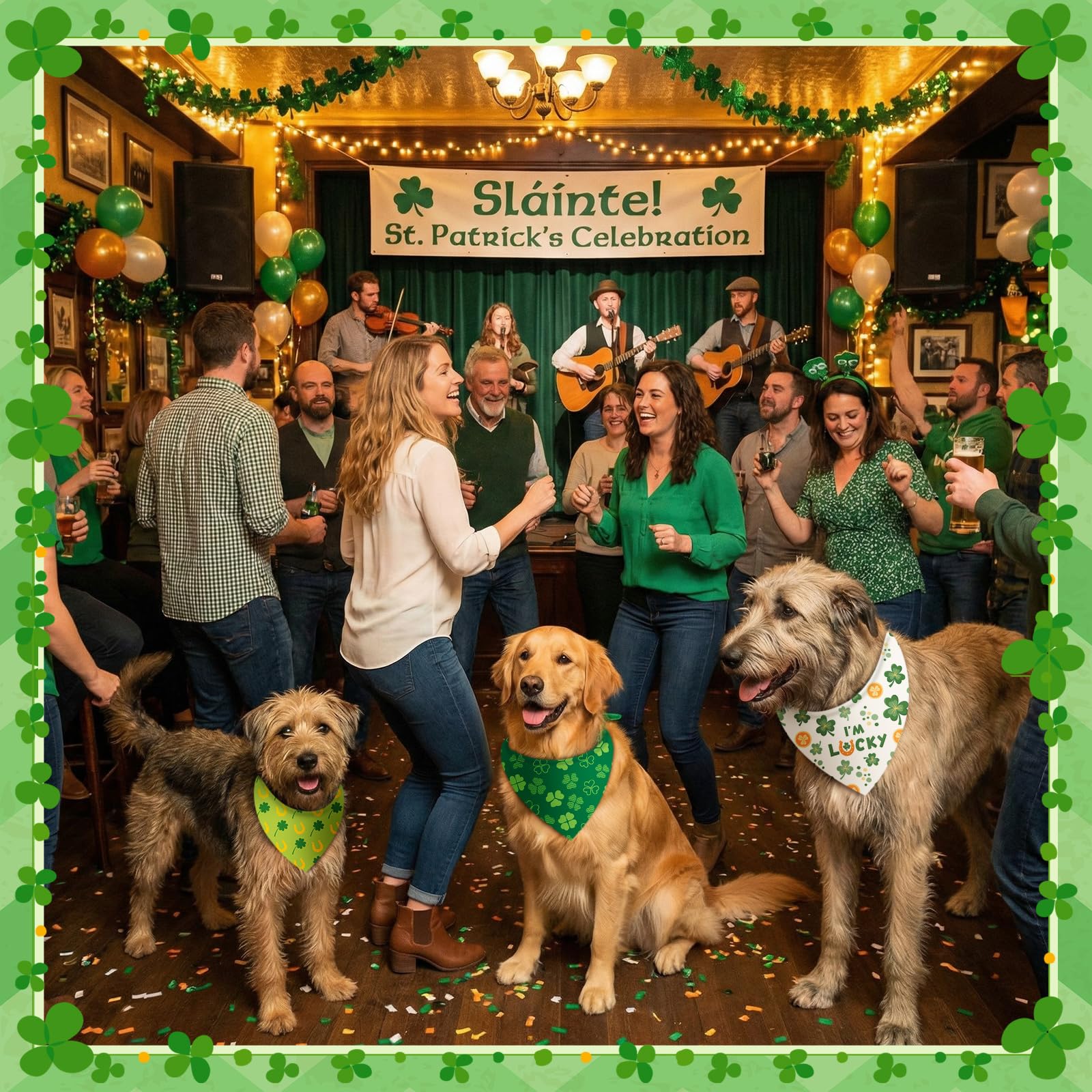 Accessoire mode Chunful pour chien, couleur verte et motifs irlandais pour sortie photo.