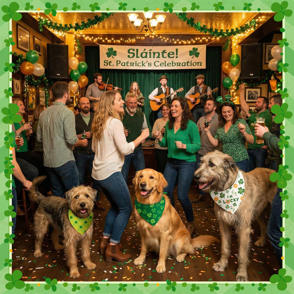 Accessoire mode Chunful pour chien, couleur verte et motifs irlandais pour sortie photo.