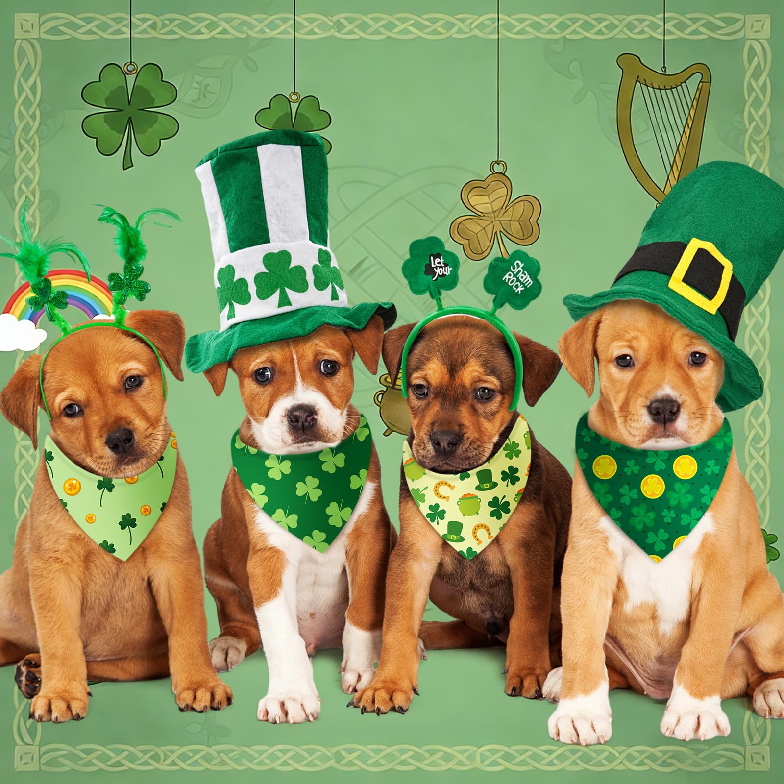 Bandanas Chunful pour chien avec trèfles et chapeaux verts, ambiance irlandaise.