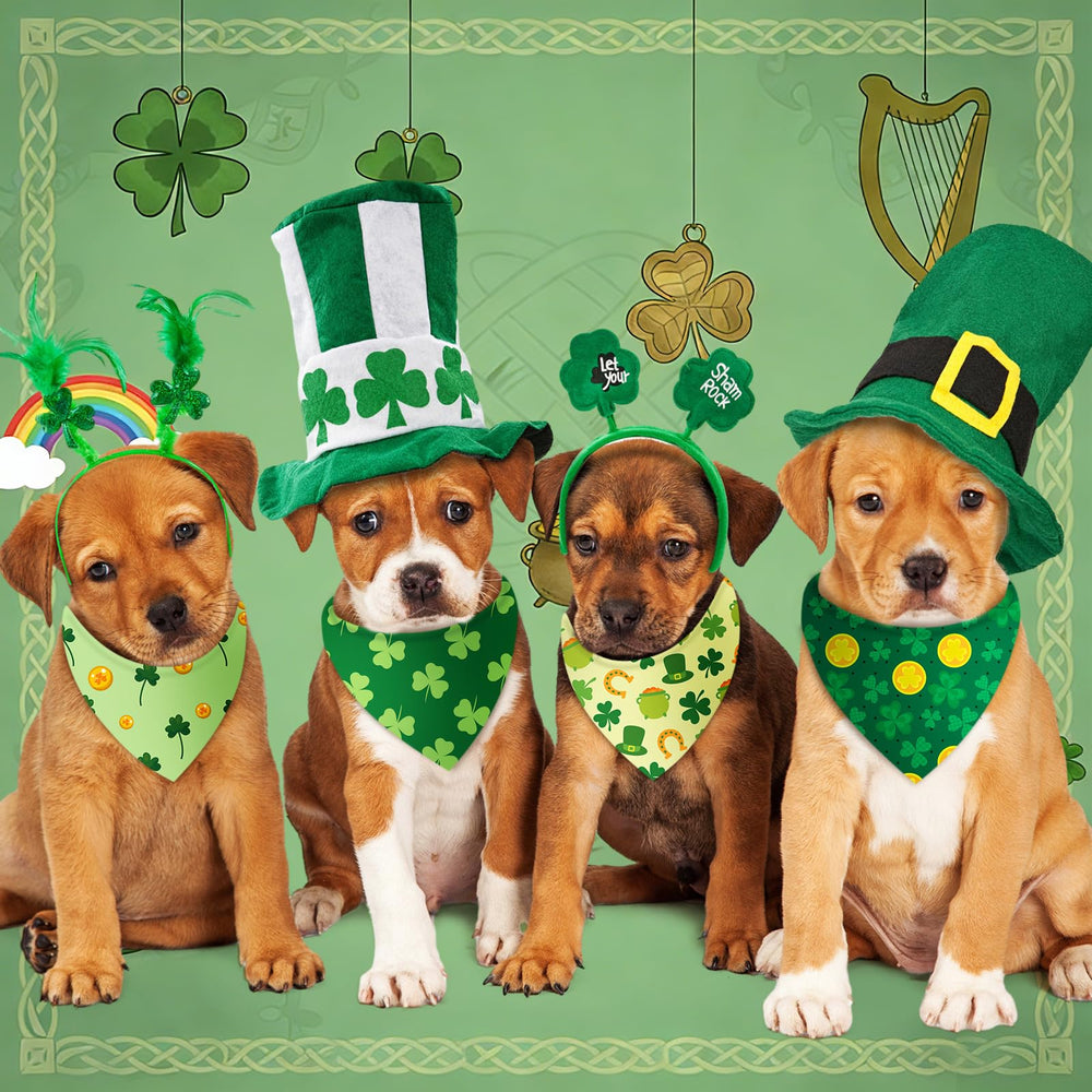 Bandanas Chunful pour chien avec trèfles et chapeaux verts, ambiance irlandaise.