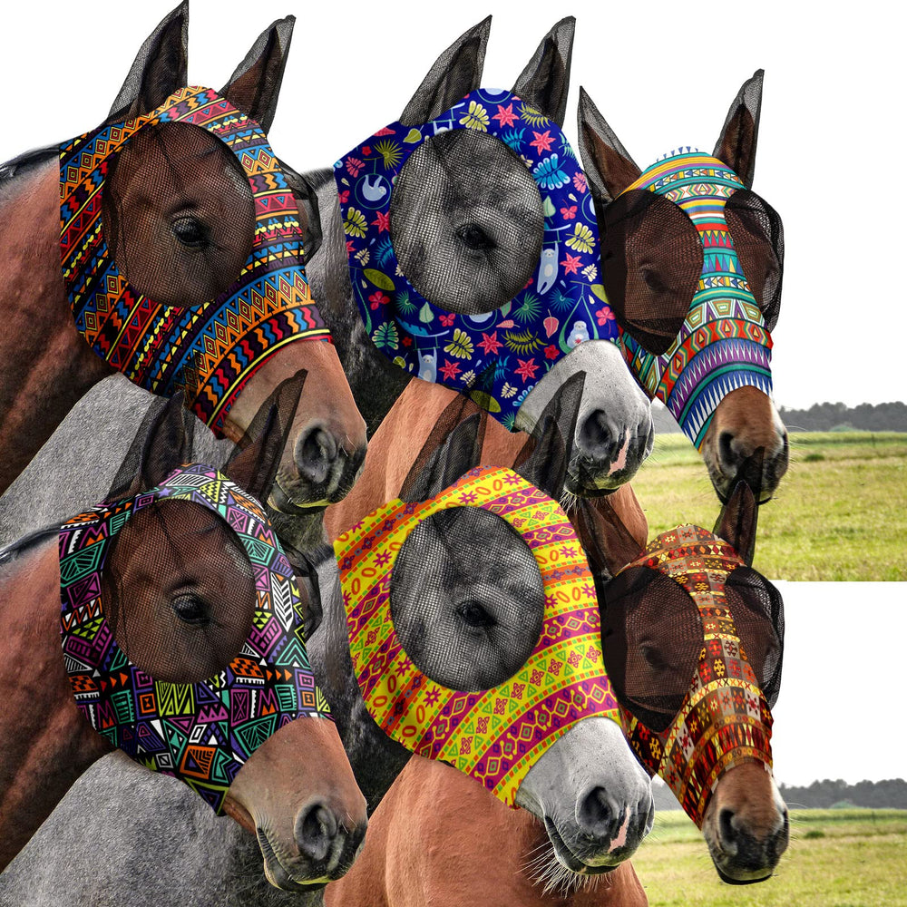 Chunful masque anti-mouches cheval avec oreilles et motif geometrique, protection efficace.