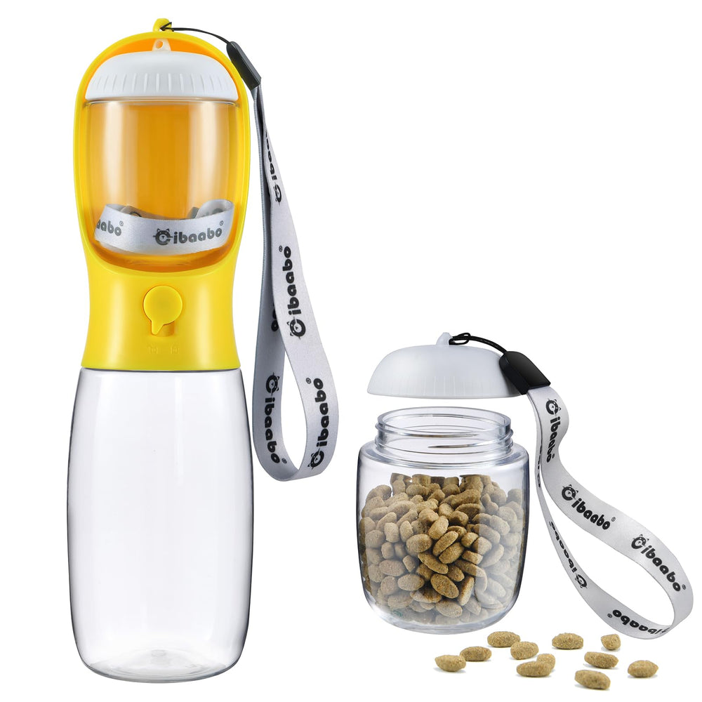 Bouteille d'eau Cibaabo avec compartiment nourriture, pratique en promenade avec votre chien.