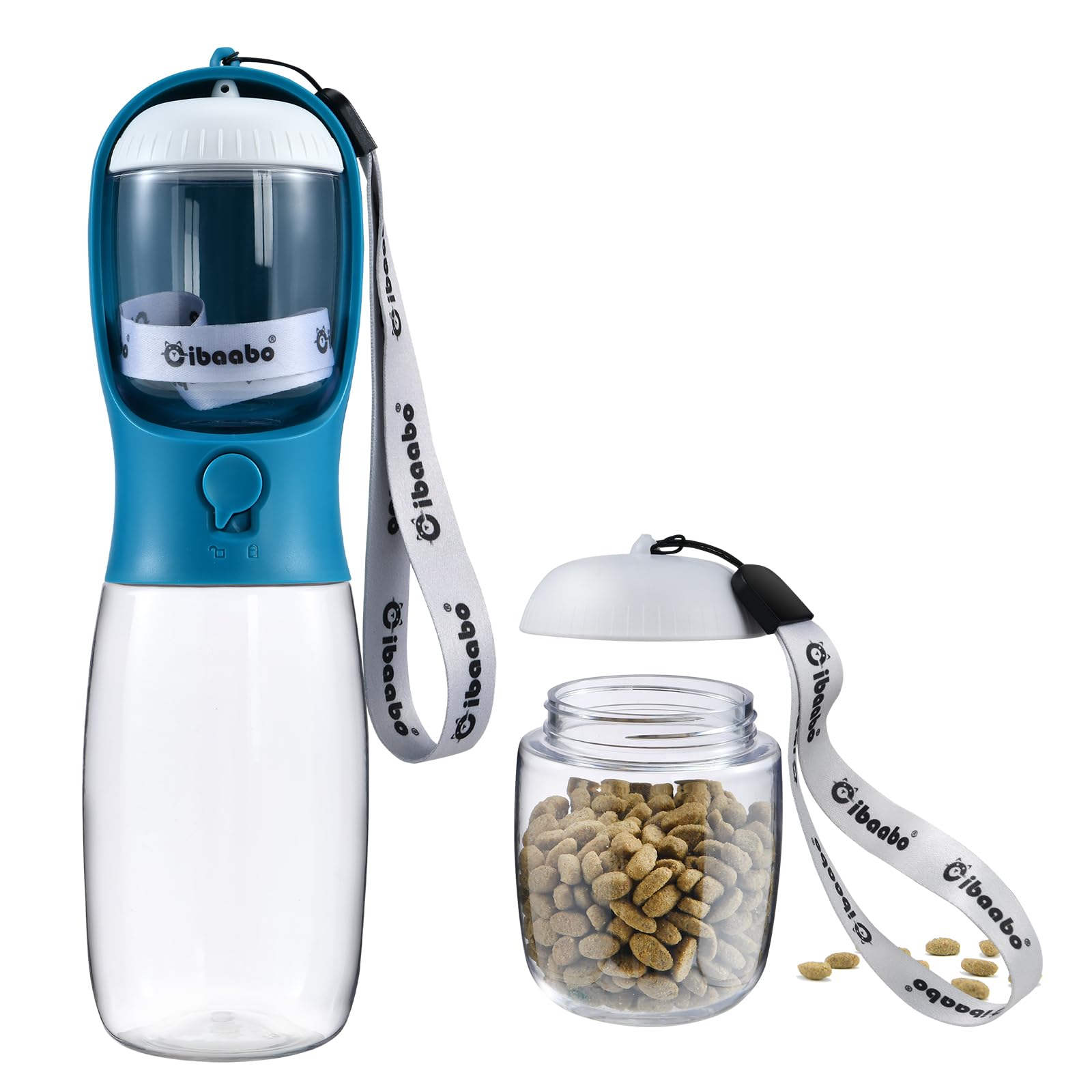 Bouteille Cibaabo pour chien avec conteneur nourriture intégré, pratique en promenade.