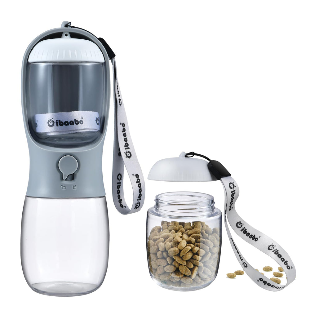 Bouteille d’eau Cibaabo pour chien avec conteneur nourriture, pratique pour sorties.