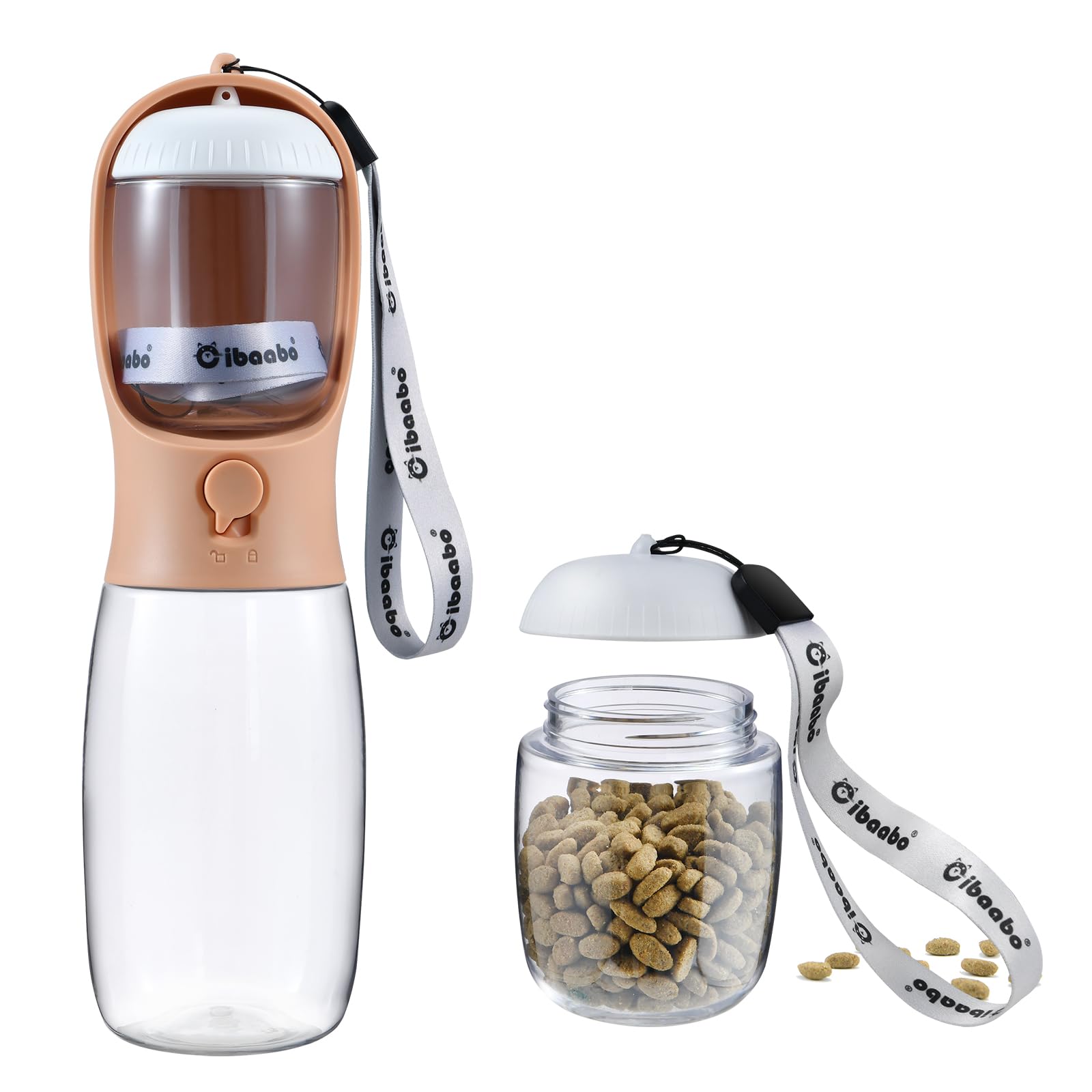 Bouteille Cibaabo avec rangement d'aliments pour chien, pratique lors des sorties.