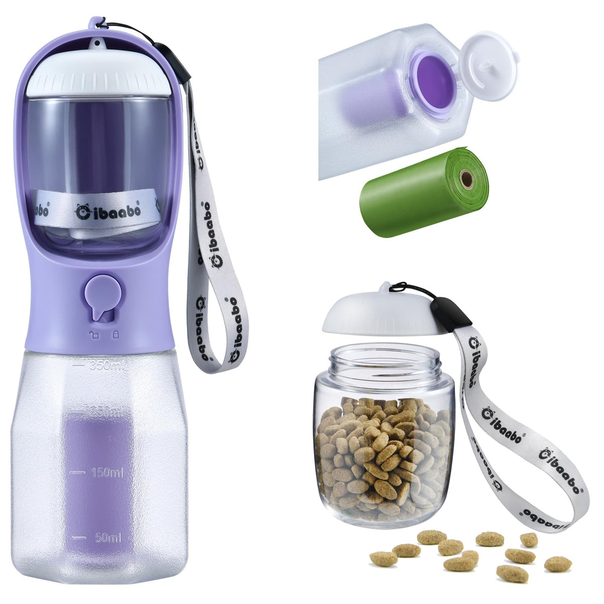 Gourde Cibaabo pour chien avec conteneur nourriture intégré, pratique pour les promenades et trajets.