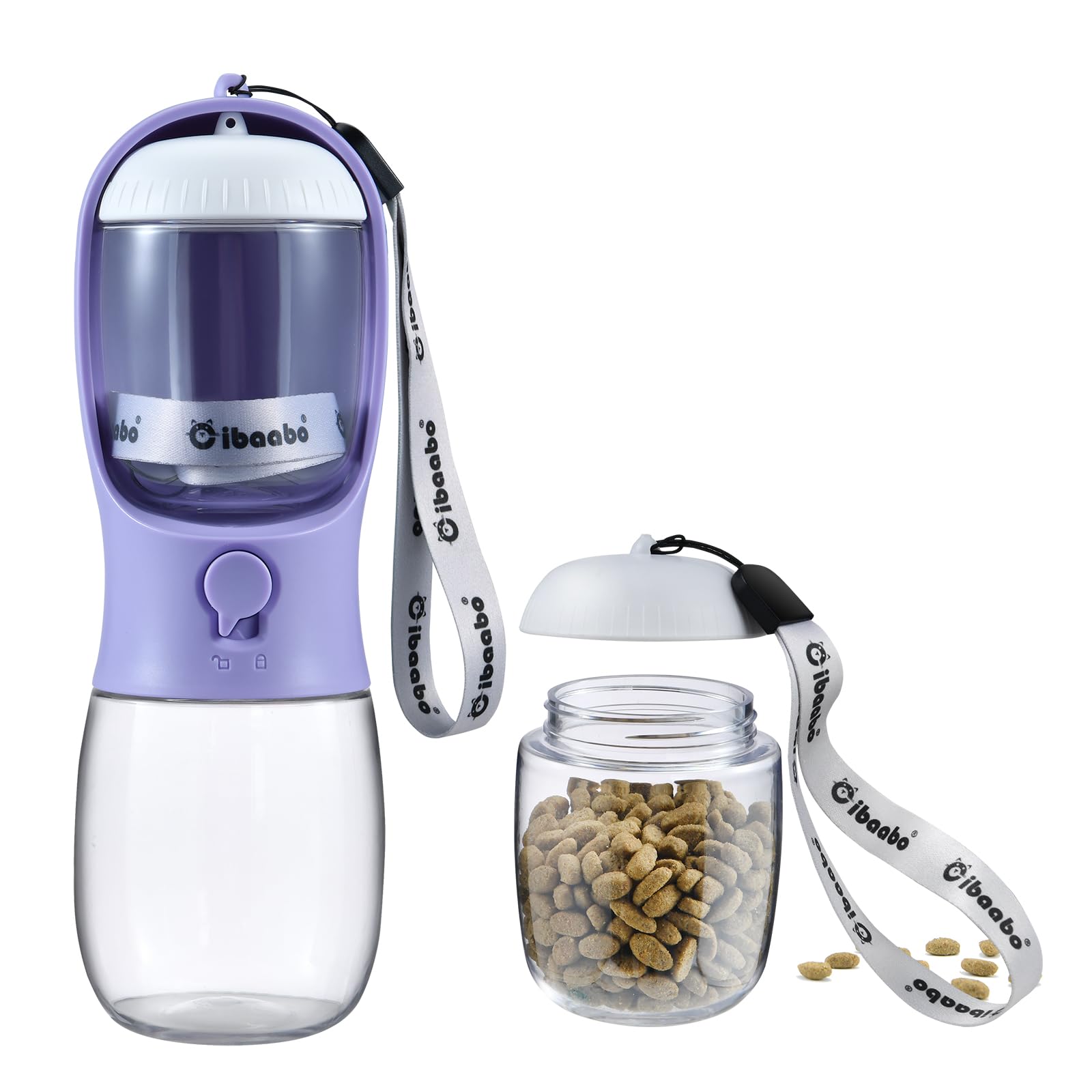 Bouteille d eau Cibaabo avec conteneur nourriture attaché, idéale pour sorties avec chien.