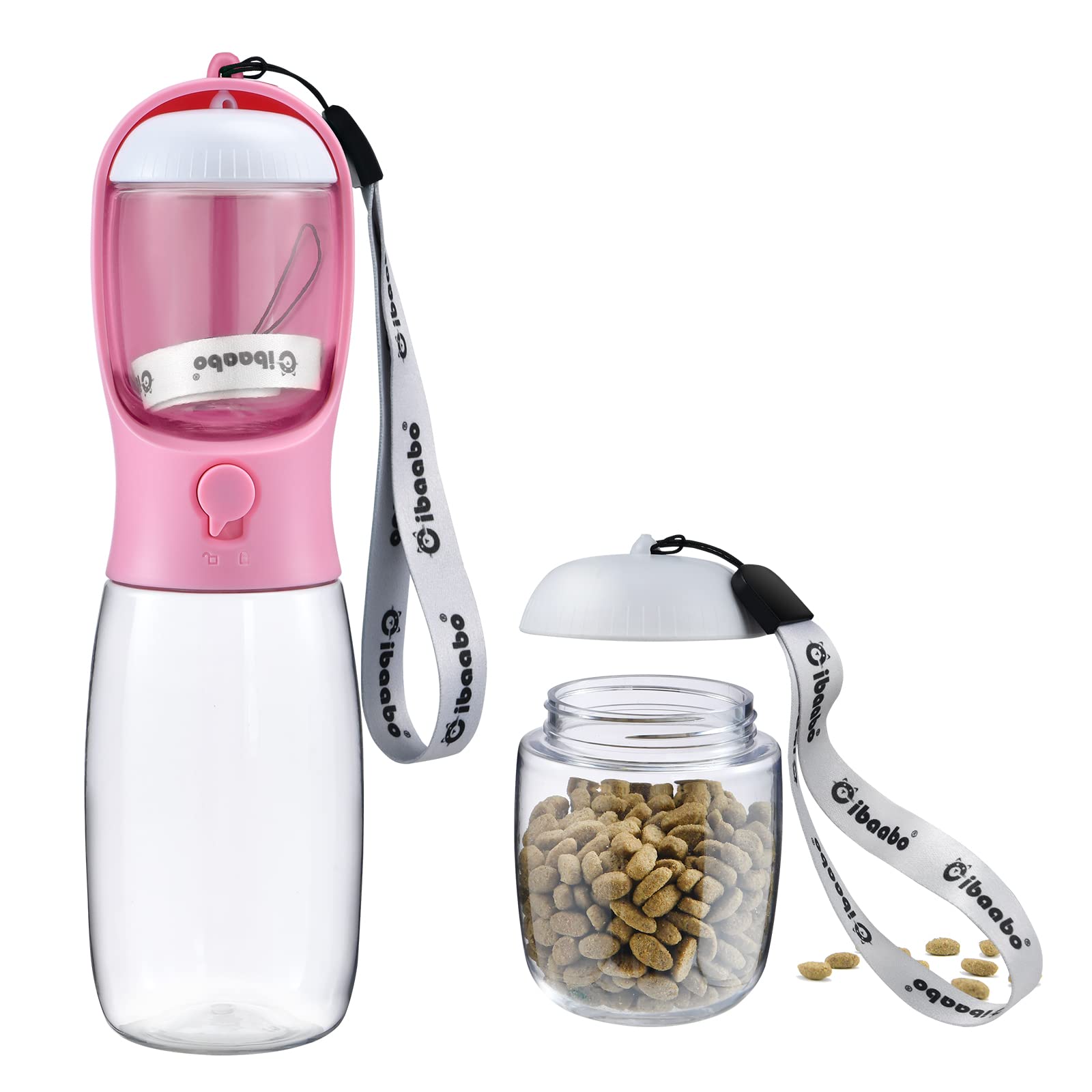 Bouteille d'eau Cibaabo avec contenu nourriture attaché, pratique pour sorties avec chien.