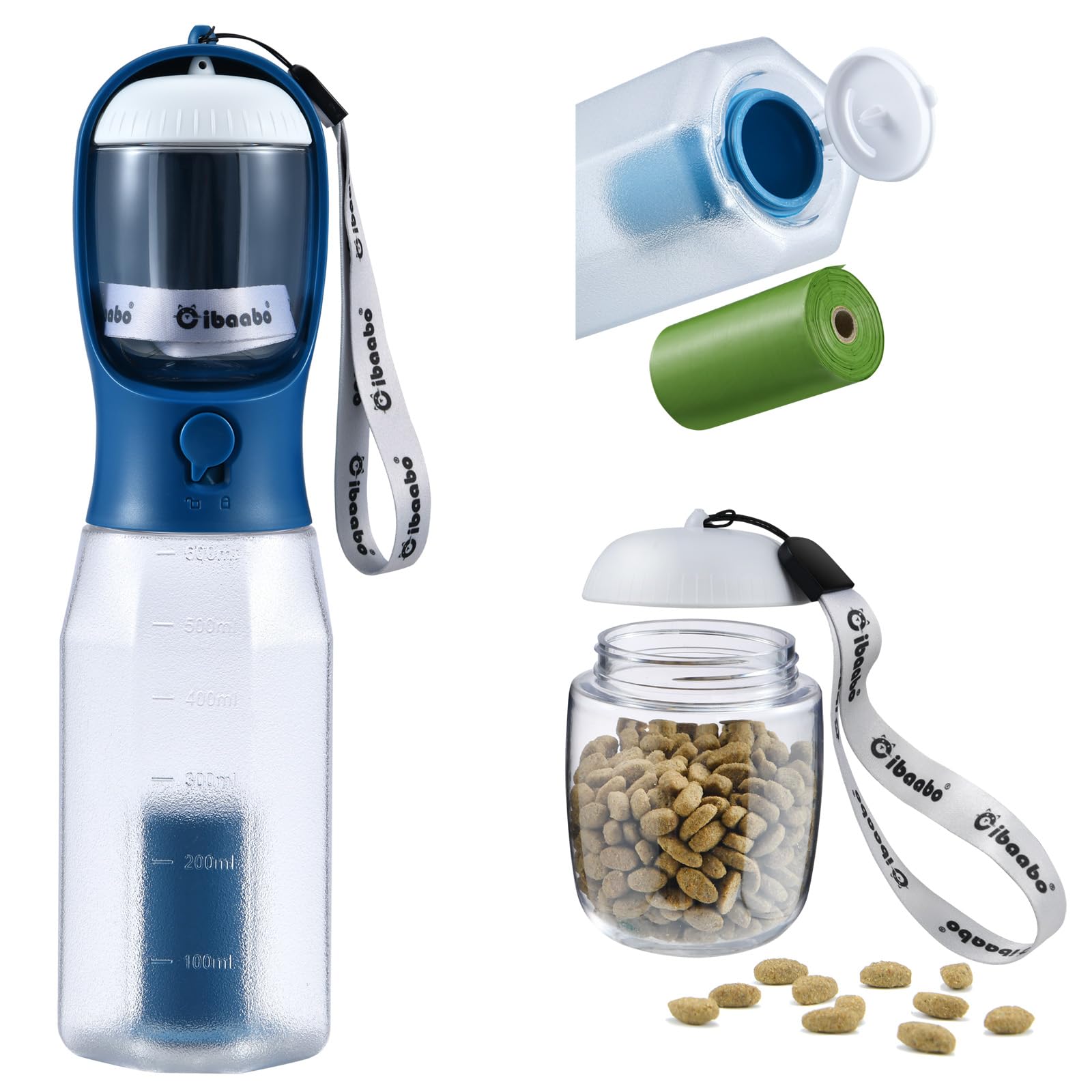 Gourde Cibaabo avec eau et nourriture intégrés, pratique pour sorties canines.