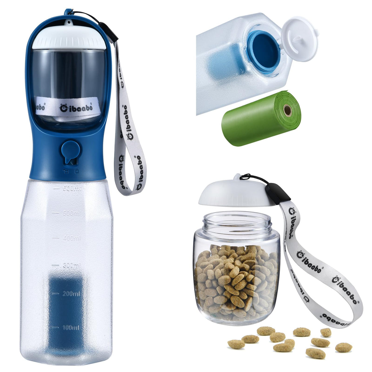 Gourde Cibaabo avec eau et nourriture intégrés, pratique pour sorties canines.