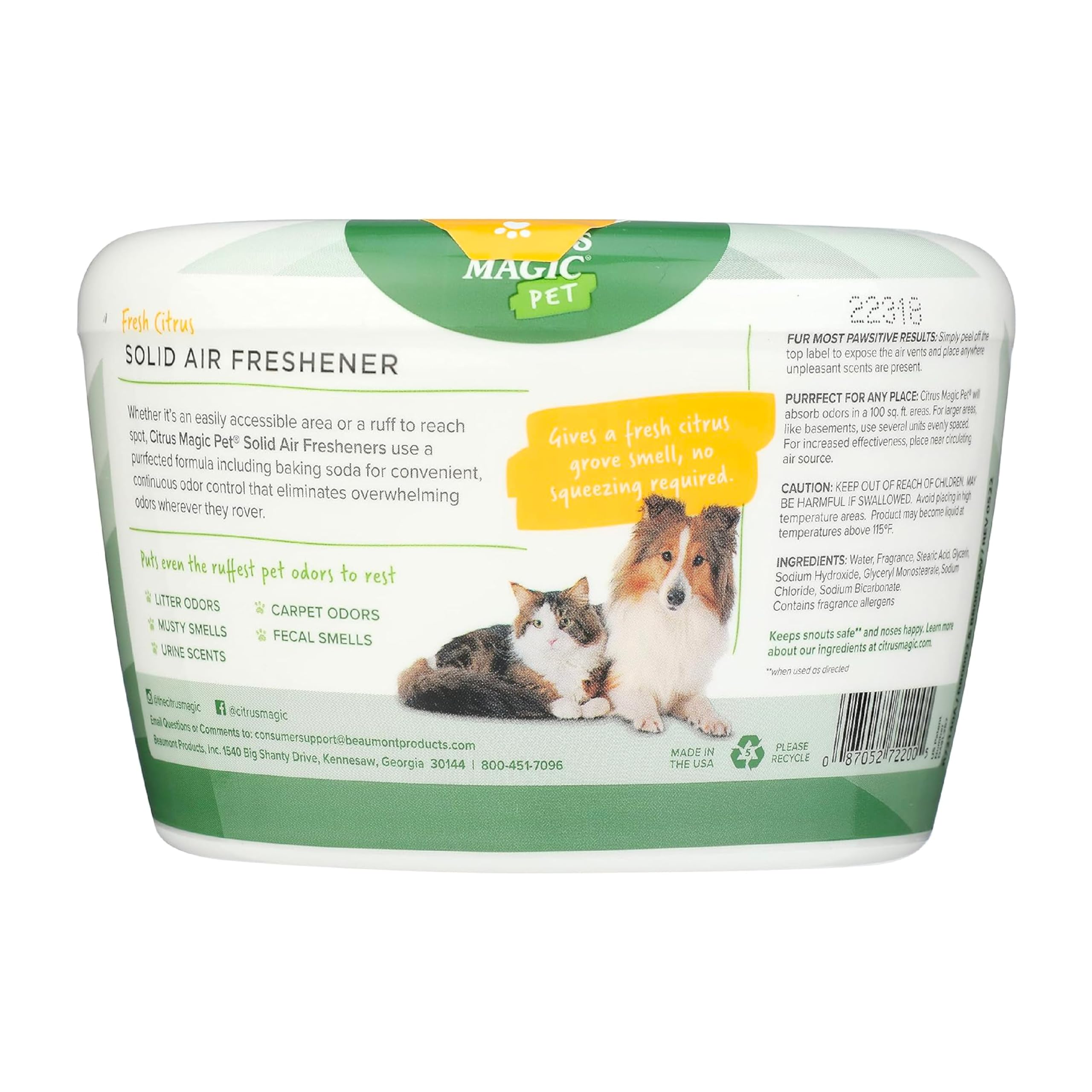 Citrus Magic absorbeur d’odeurs pour chats et chiens, pratique et sûr