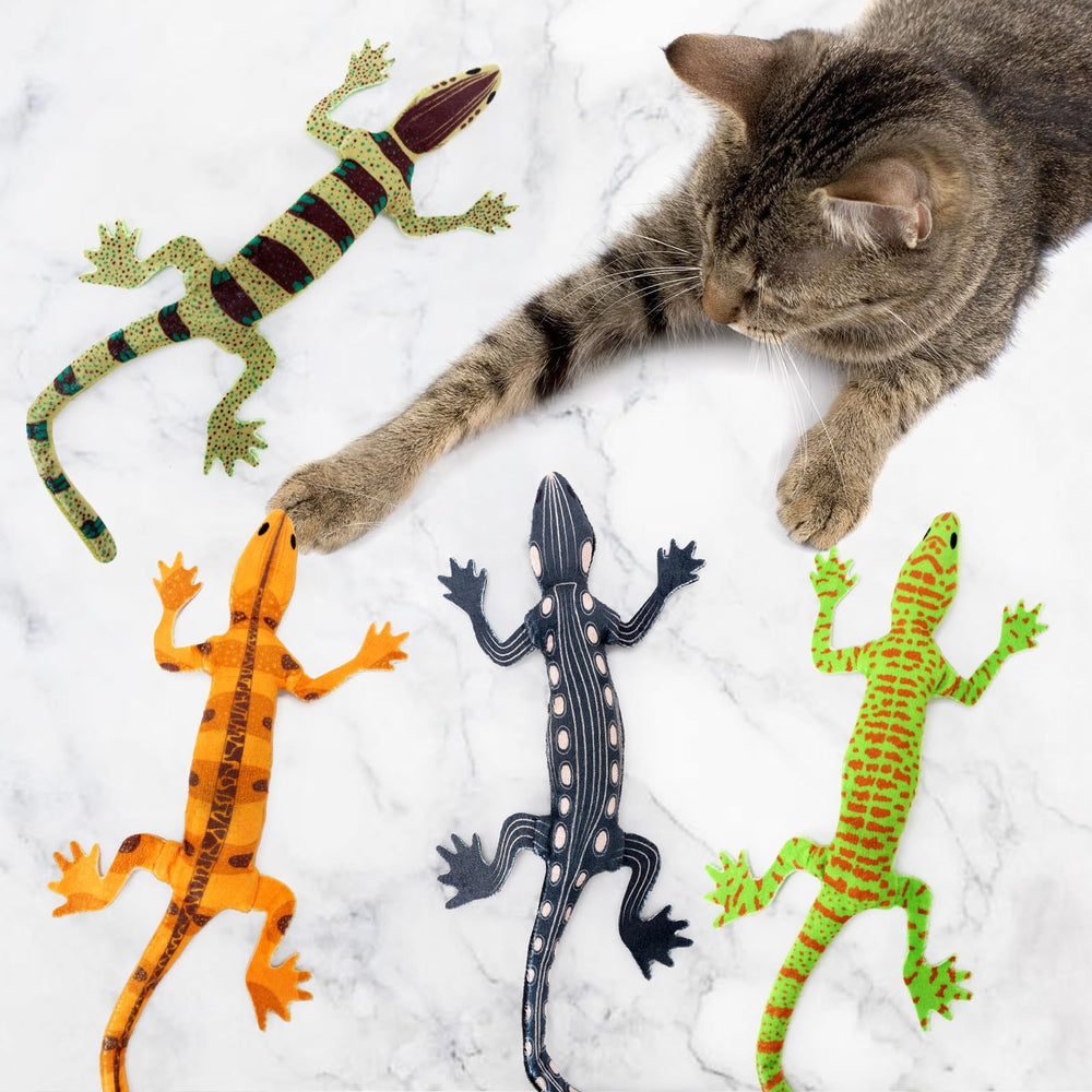 Jouets lézard CiyvoLyeen avec herbe à chat, ensemble de quatre pour divertir plusieurs chats.