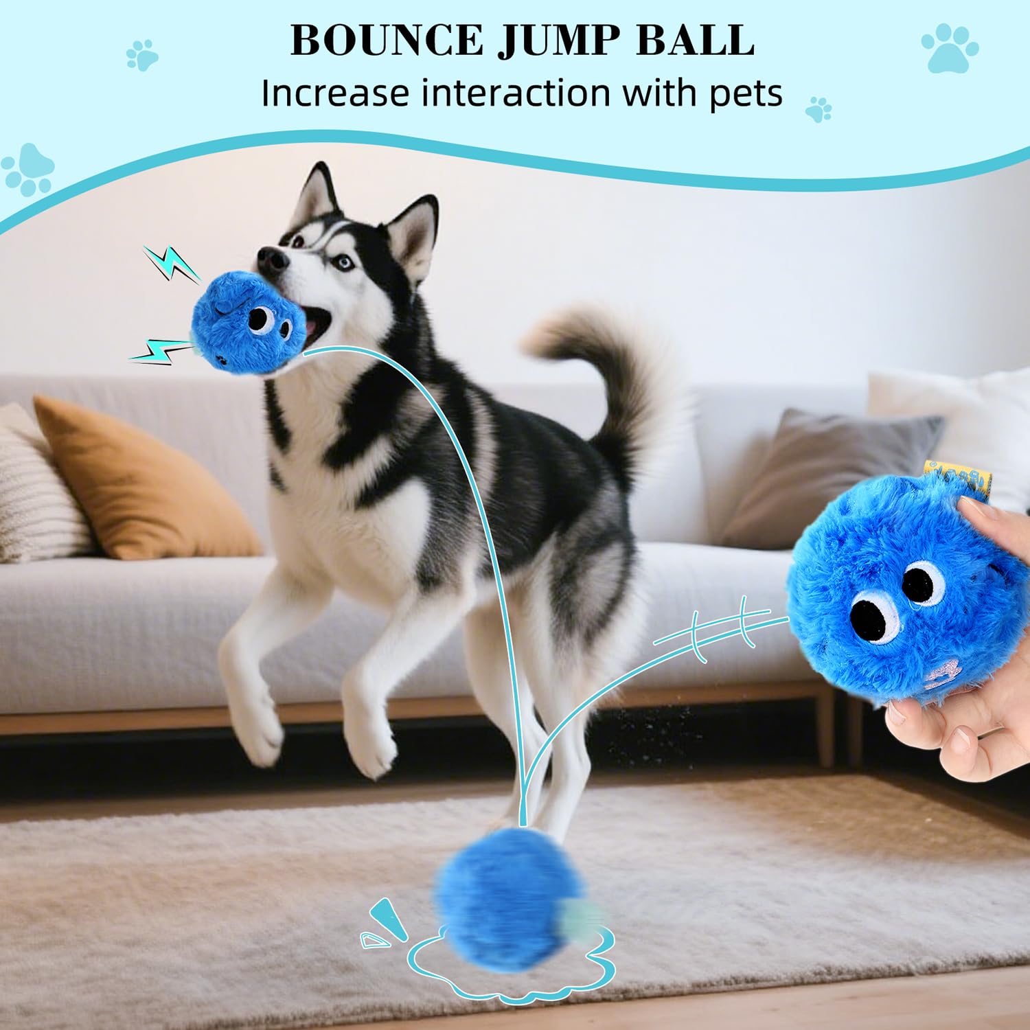 CJZJPV Boule peluche interactive 3-1 pouces bleu, stimule la poursuite et le fetch.