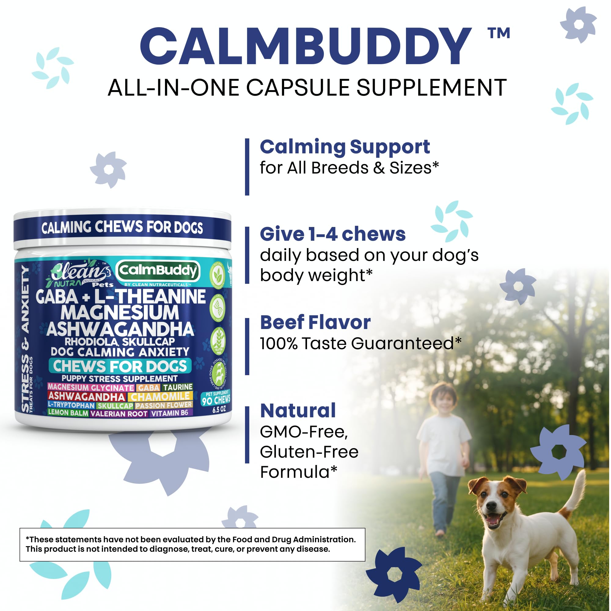 Sac CalmBuddy doré, emballage premium et conservation des bouchées.