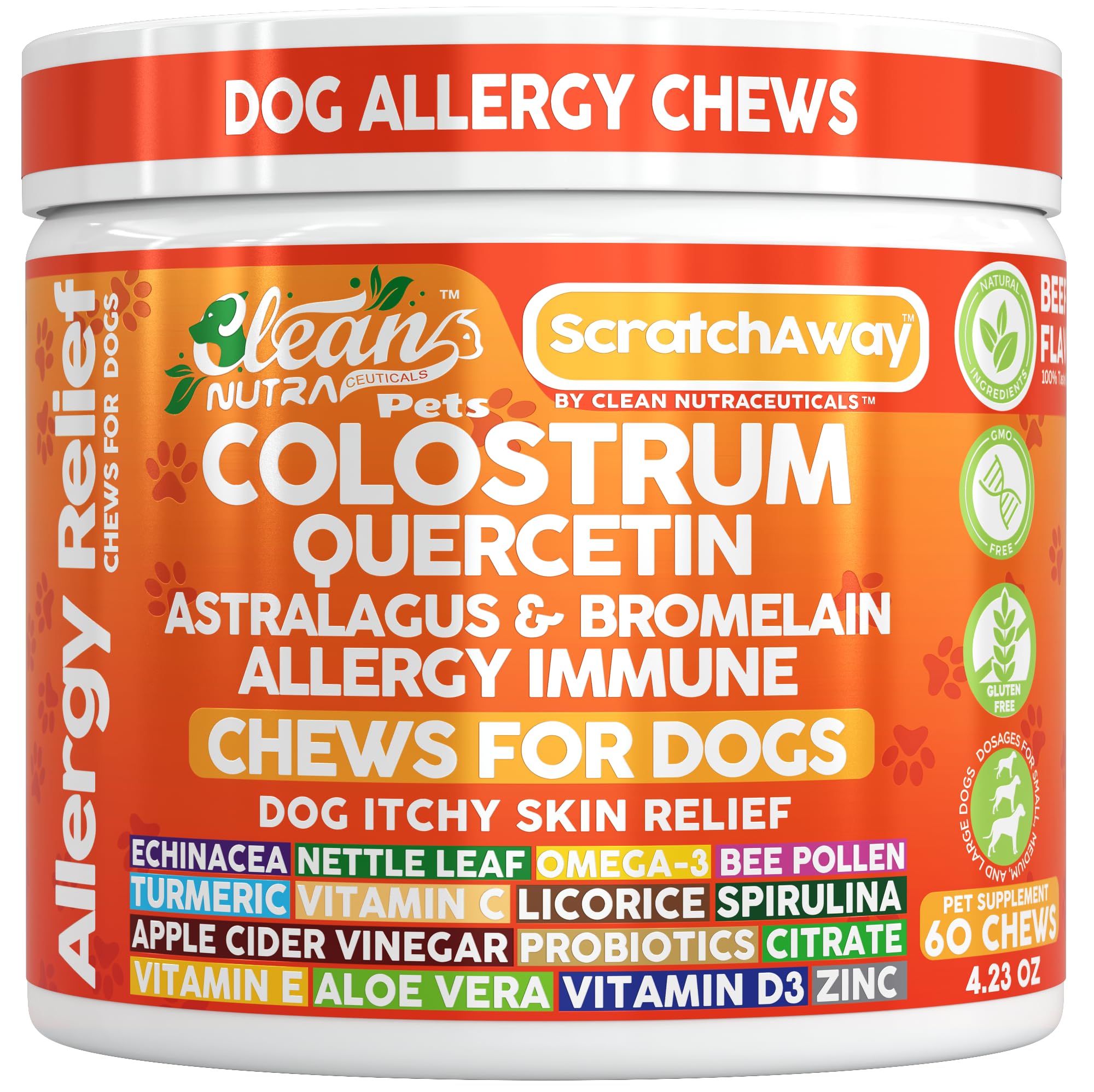 Gommes Clean Nutraceuticals pour chien allergie, bouteille visible, soutien immunitaire potentiel.