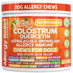 Gommes Clean Nutraceuticals pour chien allergie, bouteille visible, soutien immunitaire potentiel.