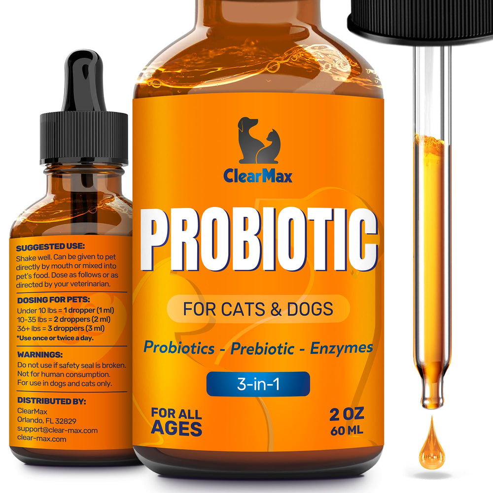 Clear Max Probiotiques Liquide – Bouteille chien-chat, soutien digestif polyvalent.