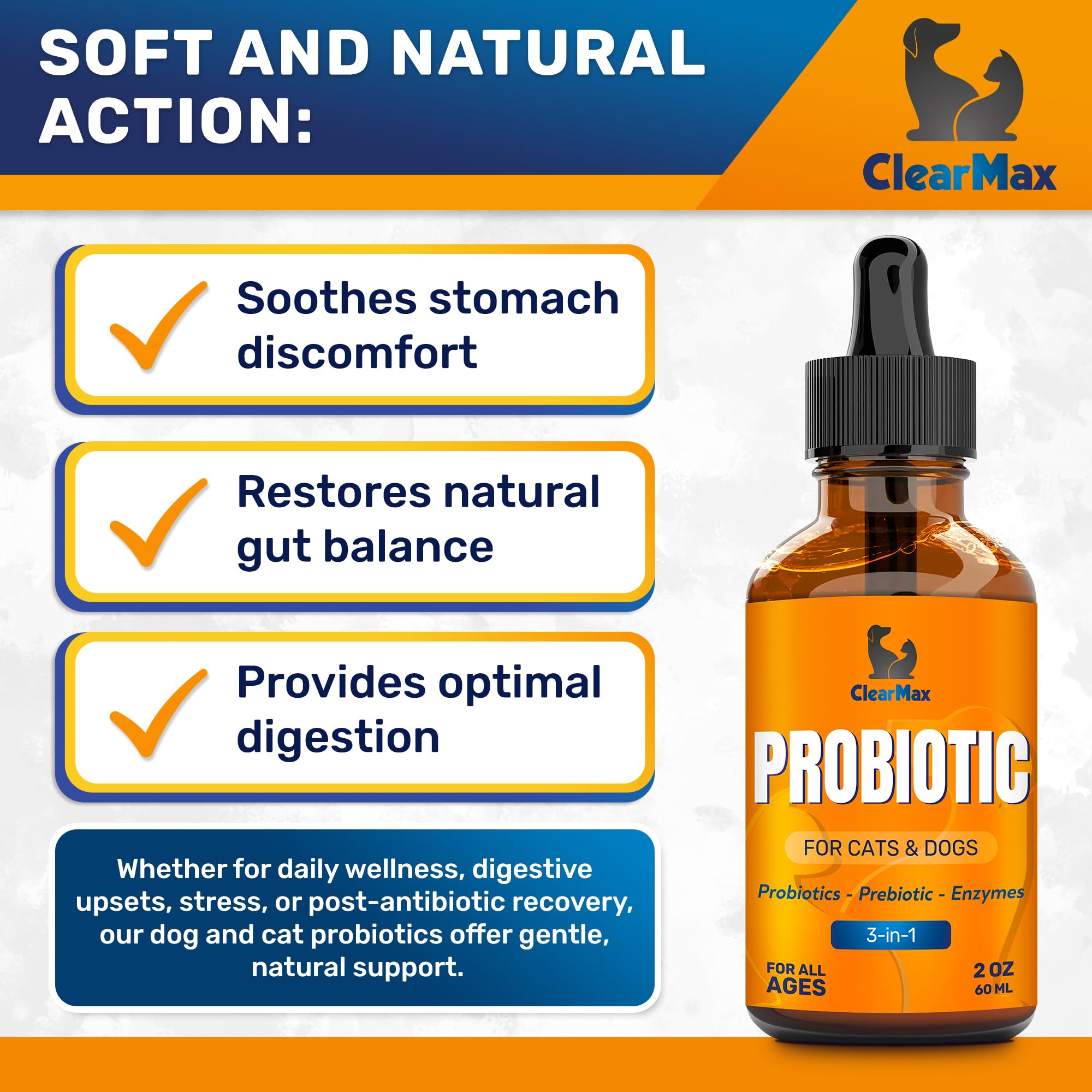 Clear Max Probiotiques Liquide – Gouttes précises pour chiens et chats, administration facile.