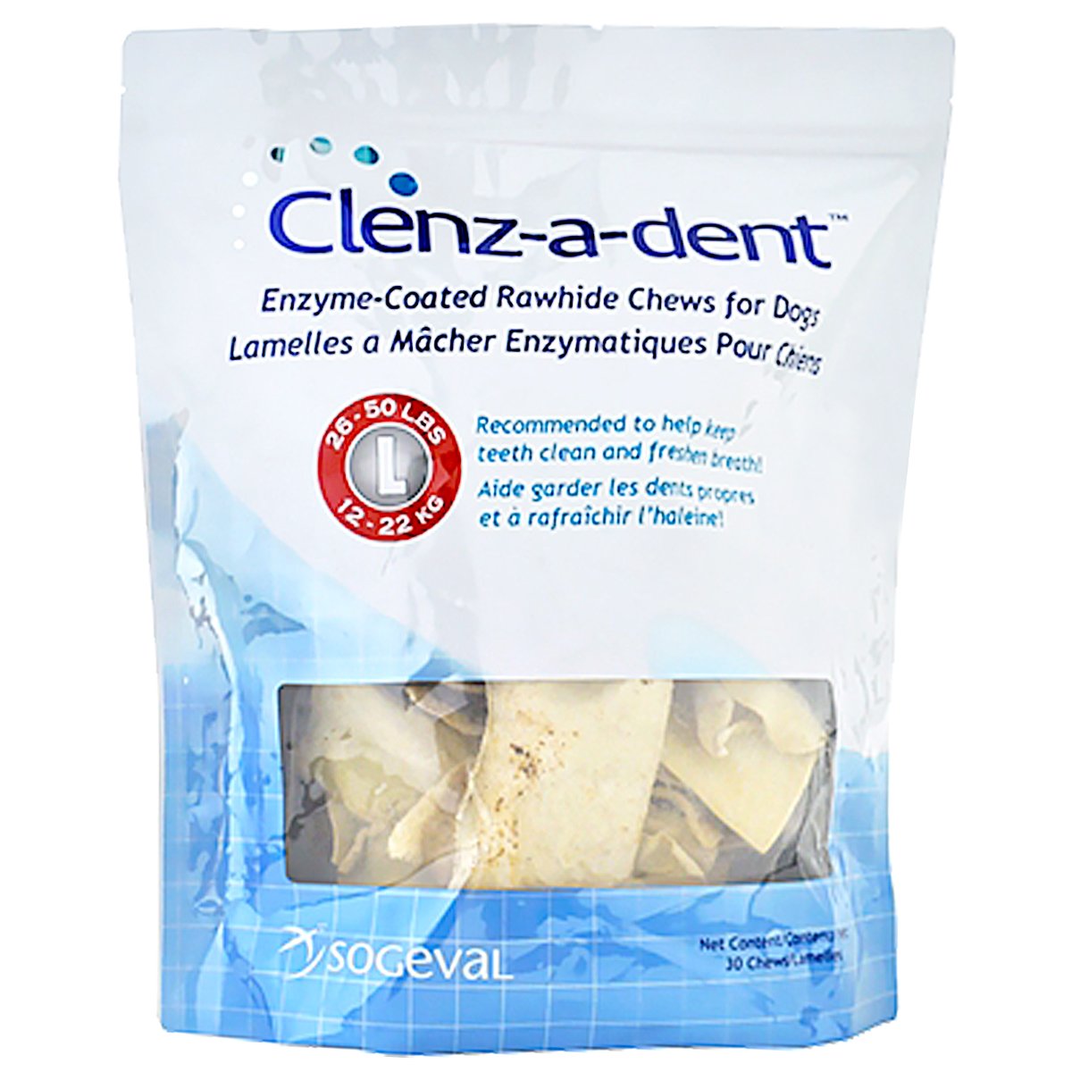 Friandises CLENZ-A-DENT en peau brute pour chien, favorisant l’hygiène dentaire et le goût agréable