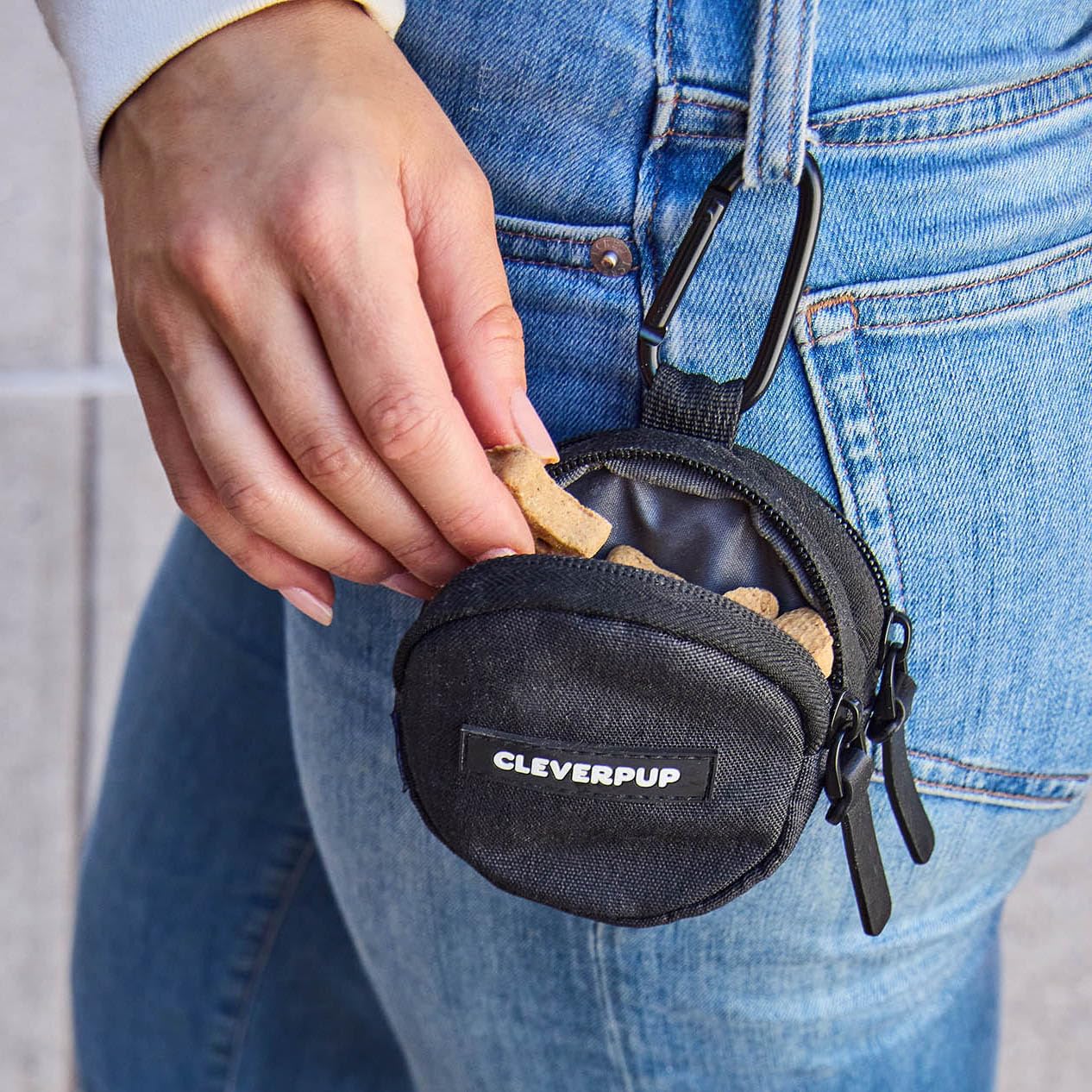 Cleverpup Snackpack: mousqueton pour attacher à la laisse ou à la ceinture.