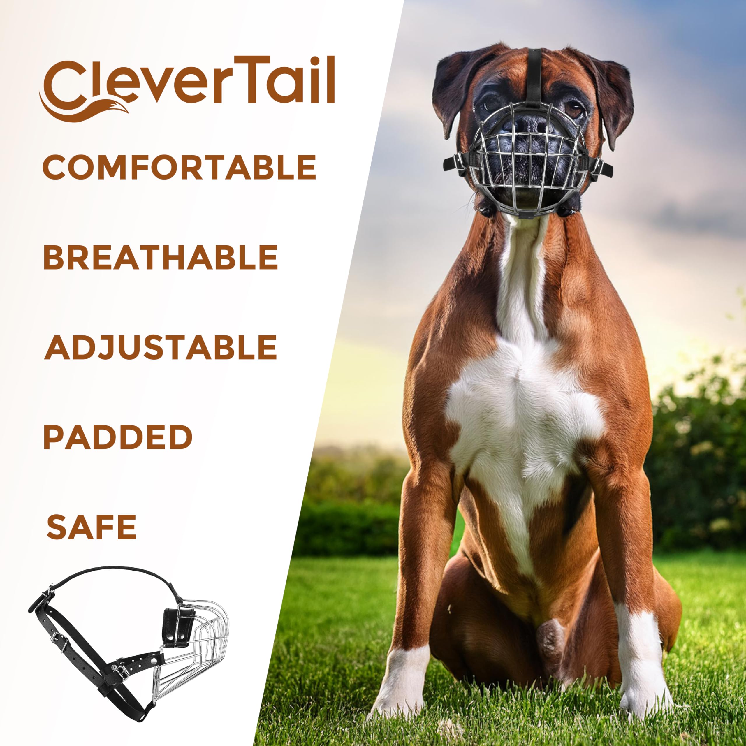 CleverTail museau métallique boxeur, vue détails acier et plaque, qualité supérieure.