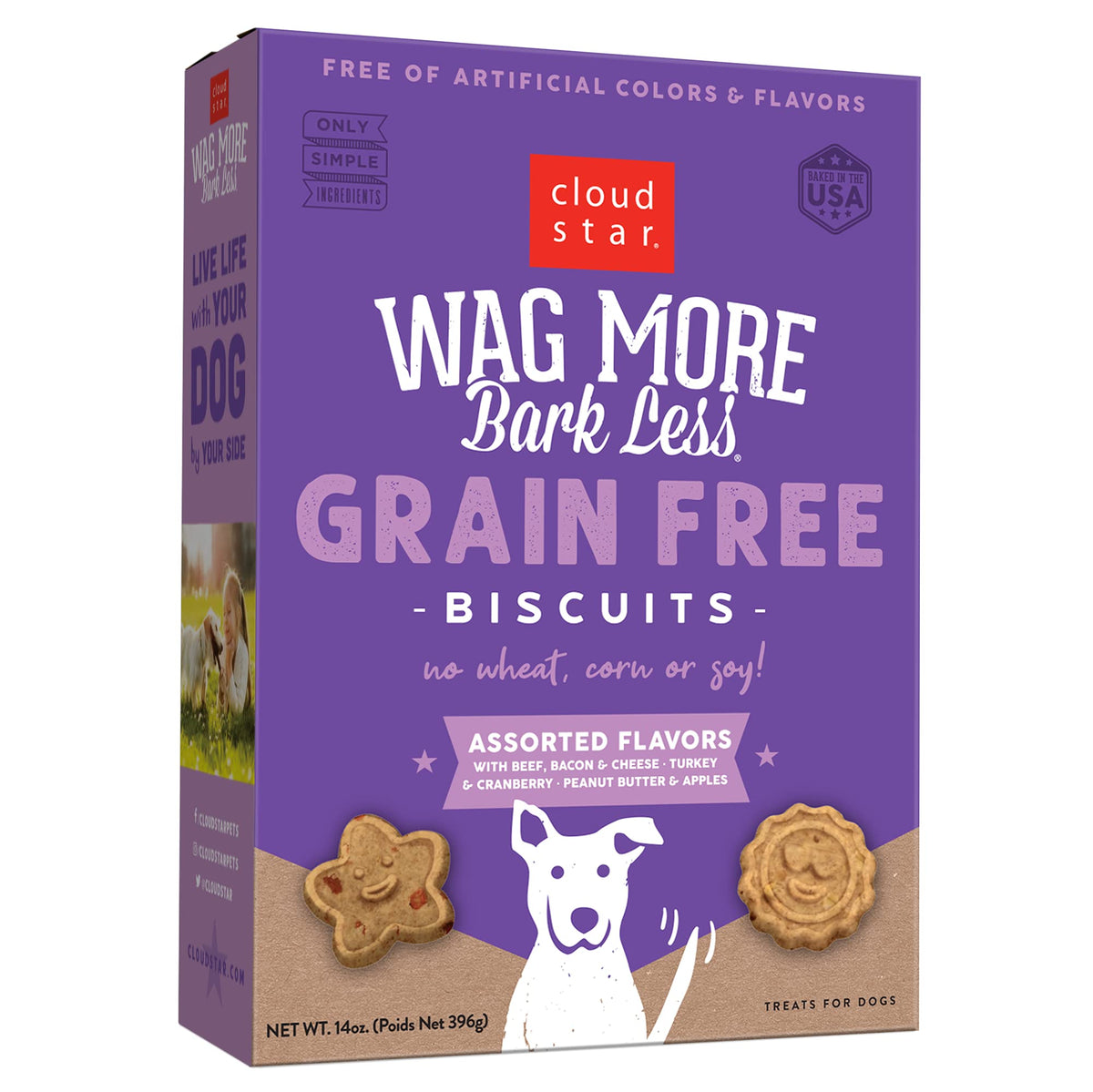 Boîte Cloud Star Wag More Bark Less 400 g avec assortiment de saveurs pour chiens.