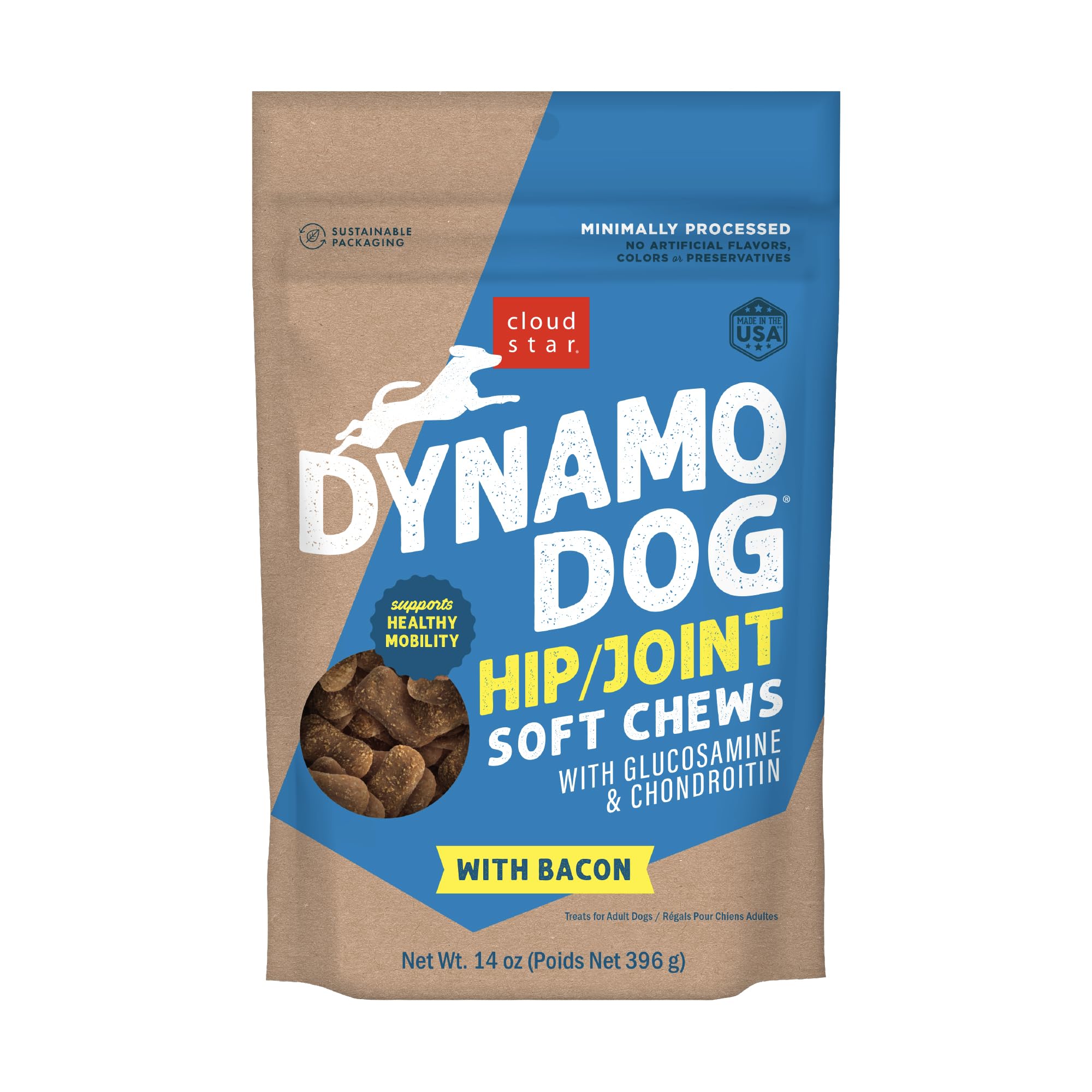Friandises Dynamo Dog en sachet 14 oz, soutien potentiel pour la mobilité.