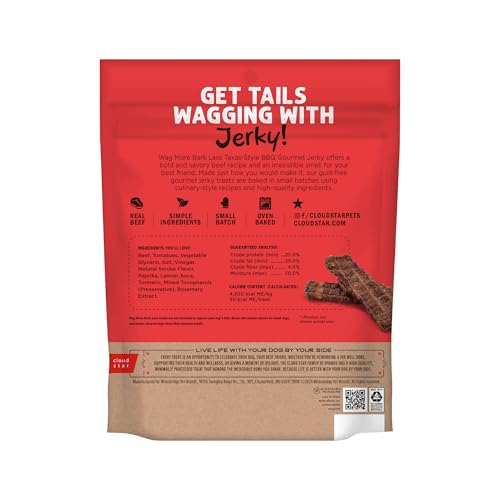 Wag More Bark Less jerky boeuf, petits morceaux en préparation artisanale.