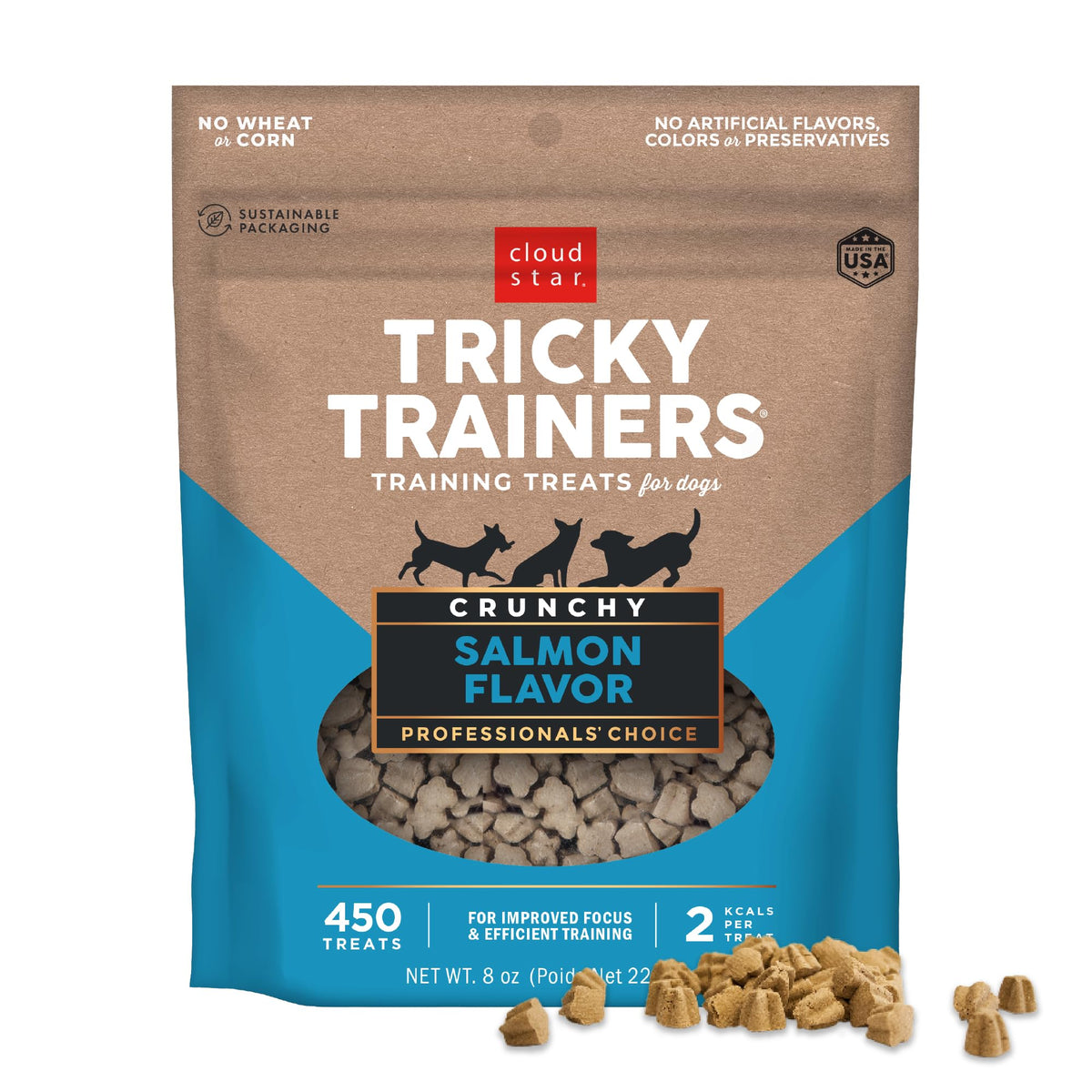 Cloud Star Tricky Trainers, sachet saumon croquant, récompense efficace en entraînement.