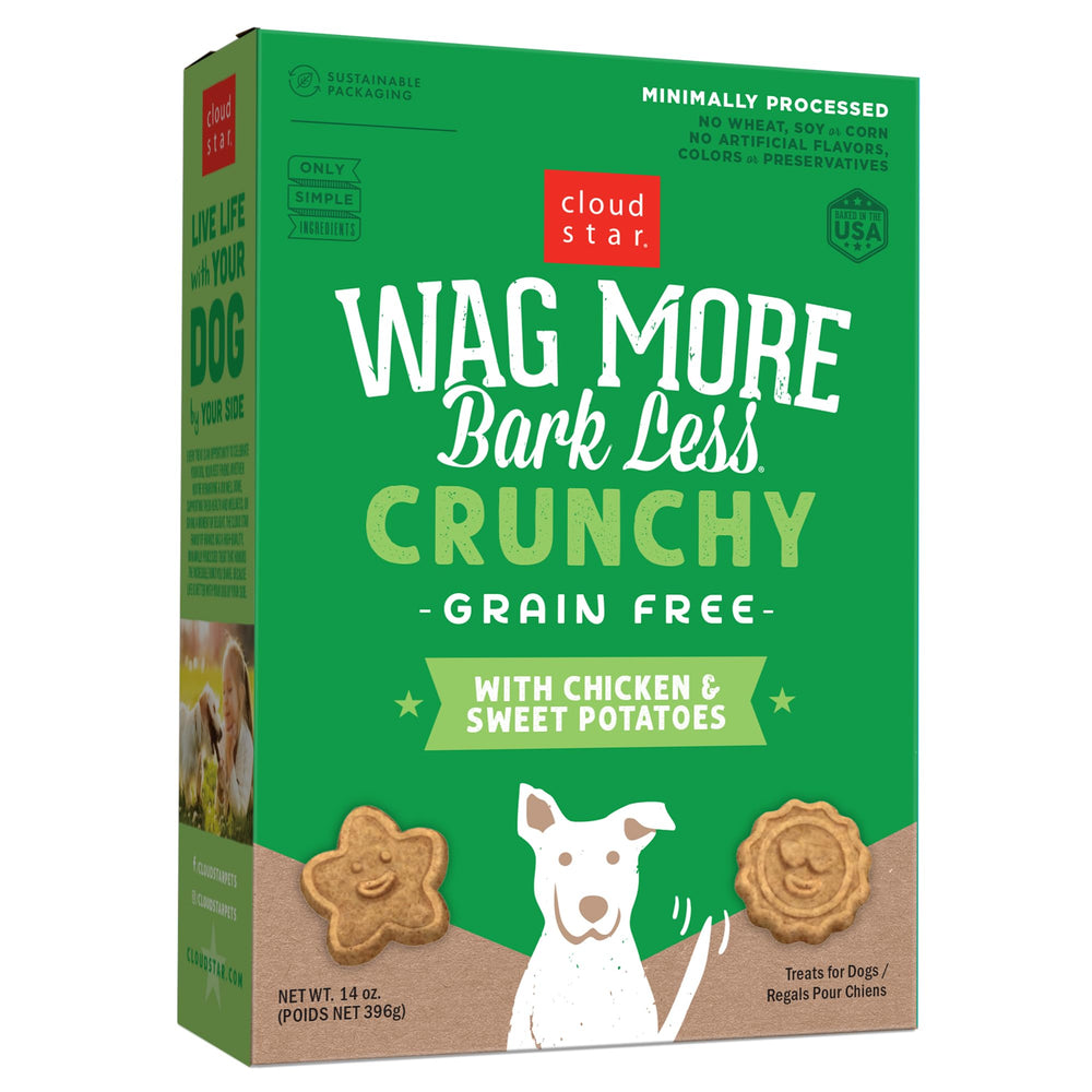 Cloud Star Wag More Bark Less – biscuits croquants au poulet et patate douce, récompense savoureuse et sans gluten.