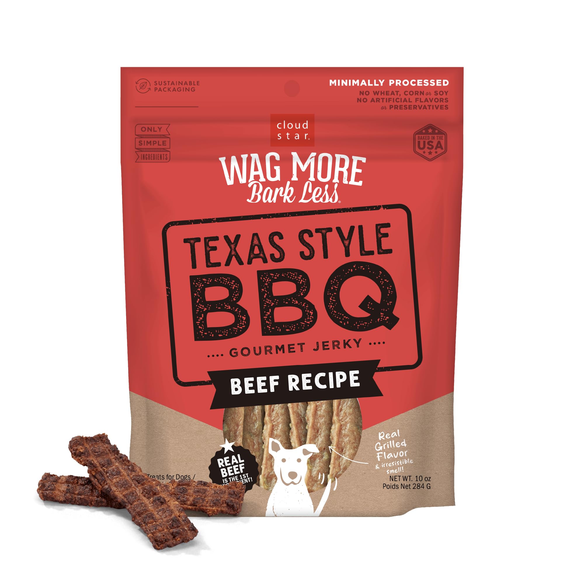 Cloud Star Wag More Bark Less boeuf barbecue texan en pochette 10 oz, encas savoureux.