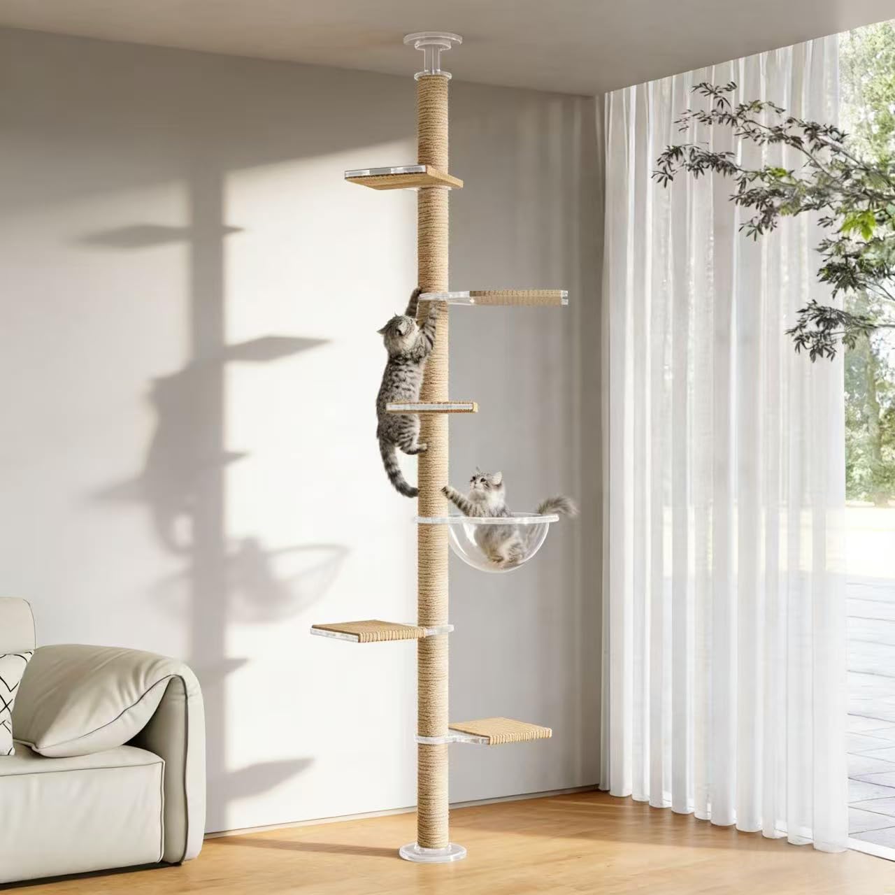 CloudPET Arbre-chat avec plaque acrylique et hauteur ajustable pour plafonds