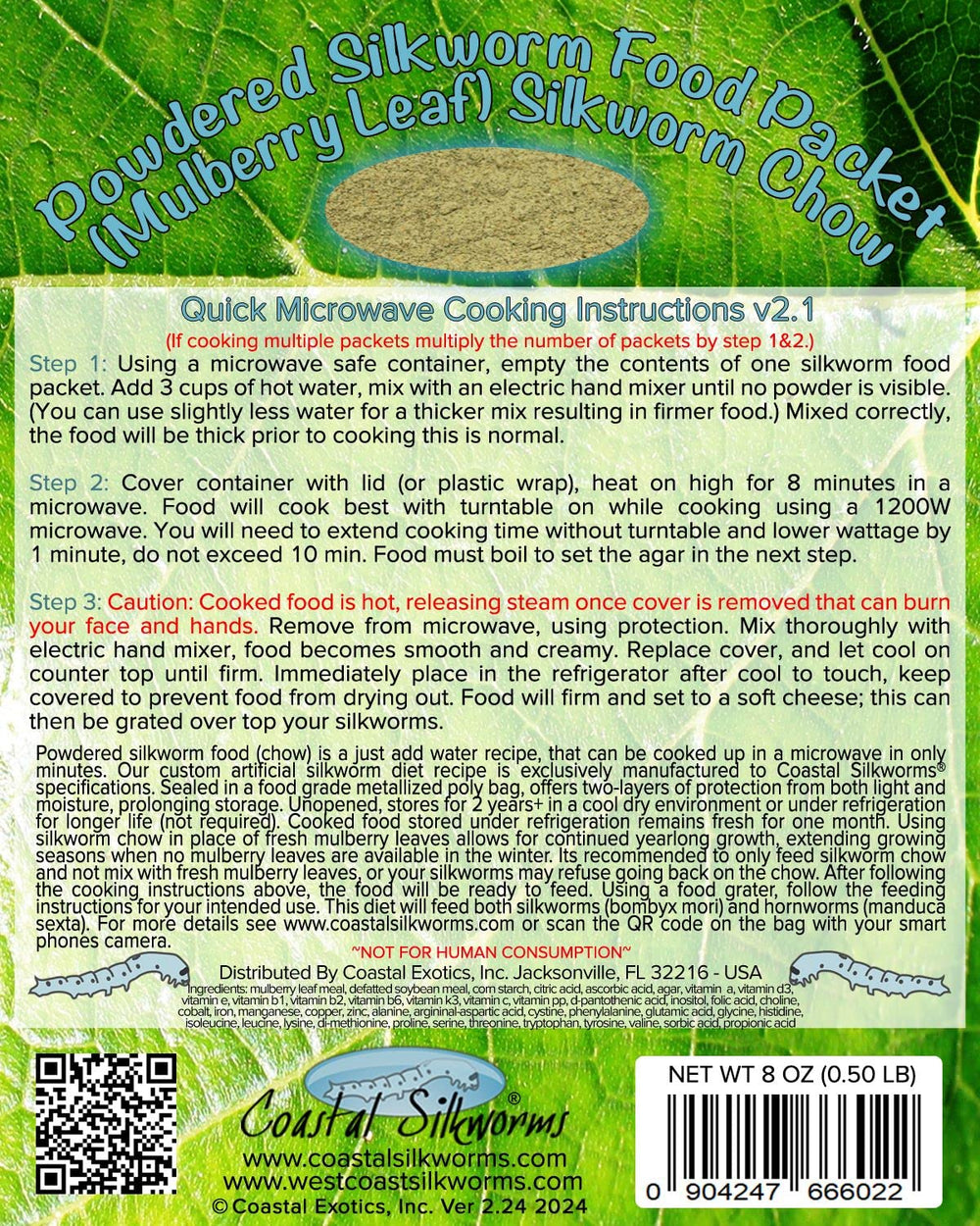 Instructions de cuisson incluses avec Coastal Silkworms, préparation rapide.