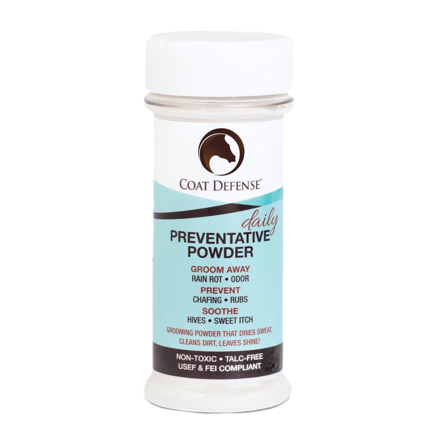 COAT DEFENSE poudre préventive sur le pelage du cheval pour brillance naturelle.