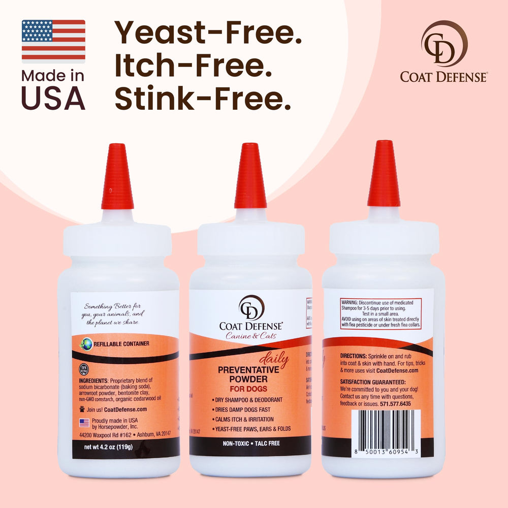 COAT DEFENSE Poudre-sans-talc-confort-poil, formule légère pour une peau équilibrée.