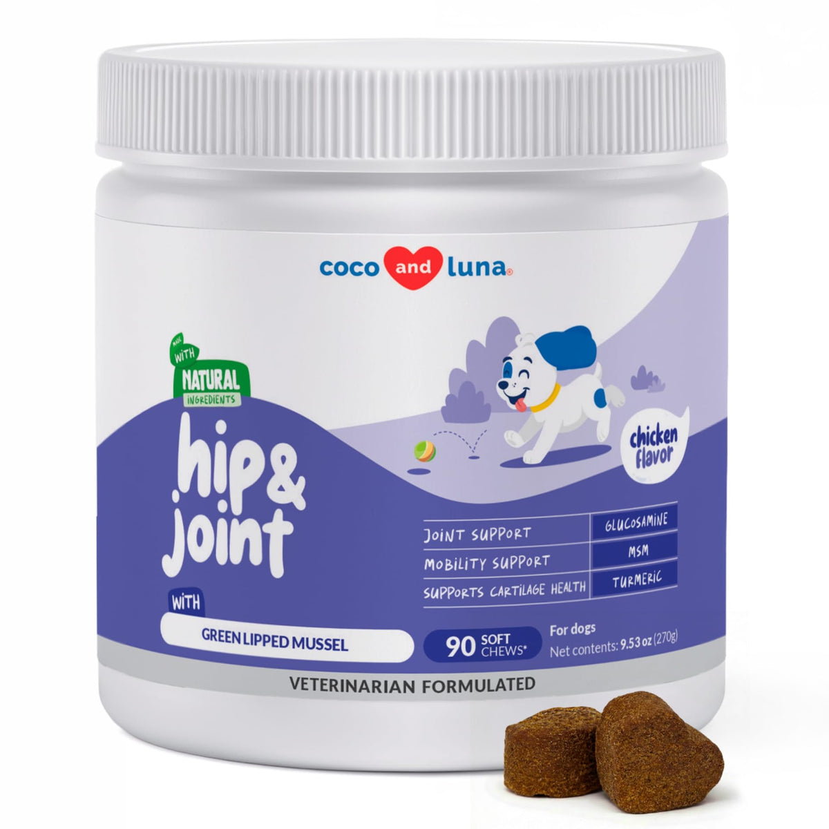 Coco et Luna – bouteille-supplement-hanche-articulation: soutien potentiel à la mobilité quotidienne des chiens.