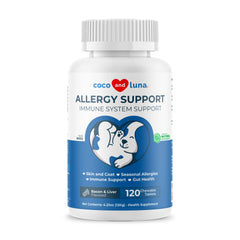 Coco et Luna comprimés masticables en bouteille pour soutien allergie chien et bien-être.