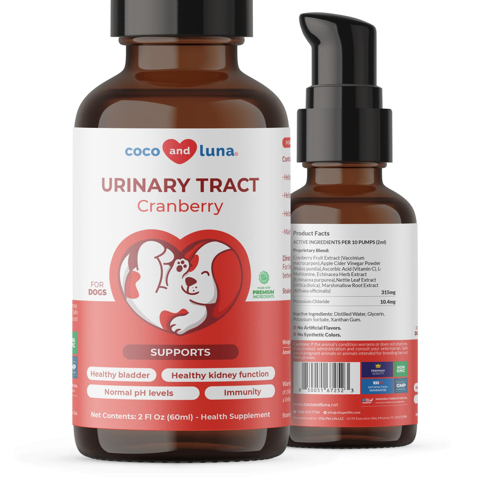 Coco et Luna: bouteille-pompe tractus urinaires, dosage pratique et net pour chiens.