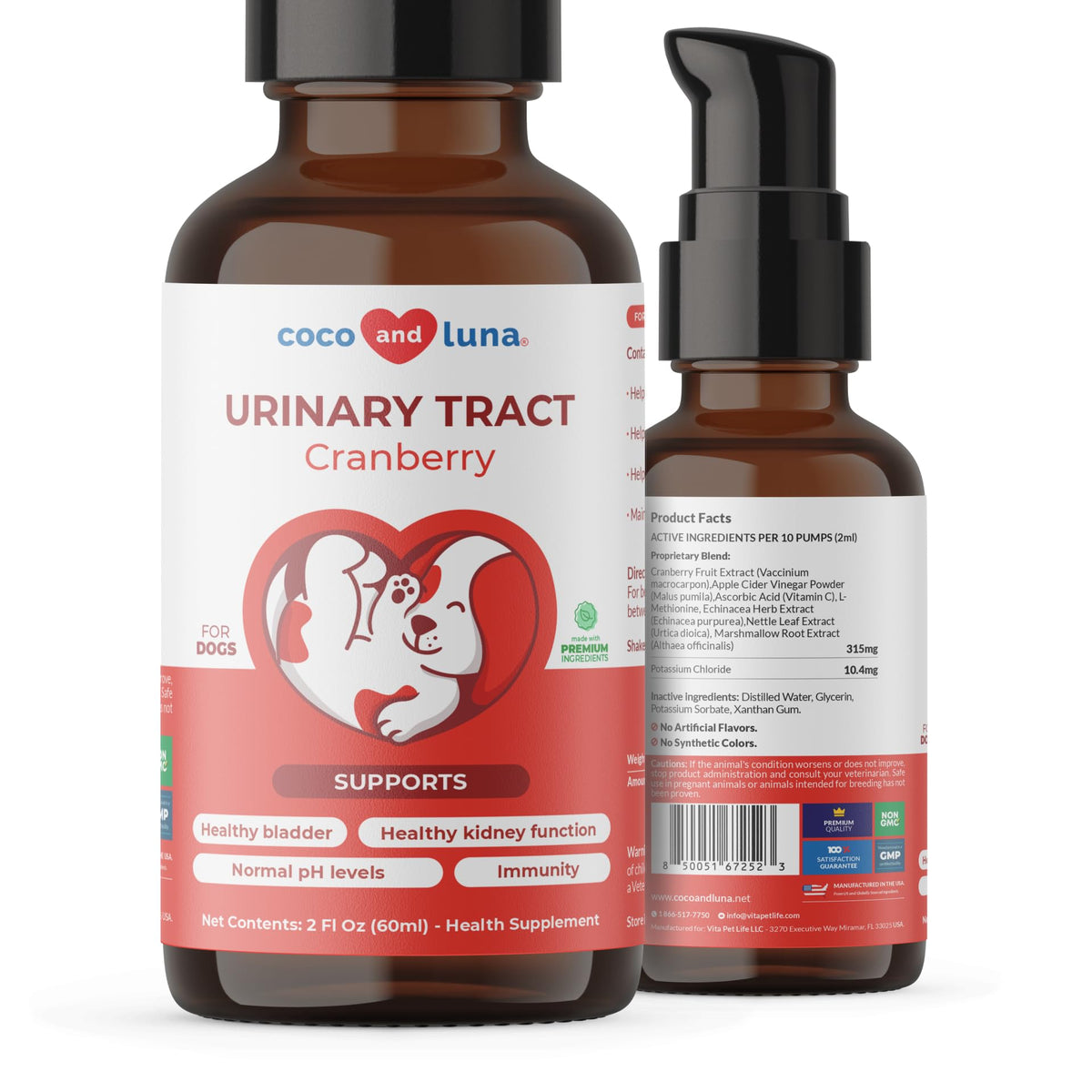 Coco et Luna: bouteille-pompe tractus urinaires, dosage pratique et net pour chiens.